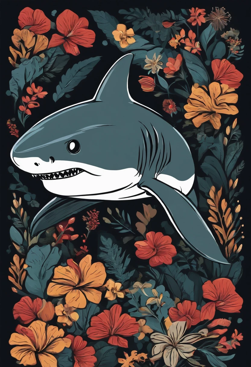 Black background sticker shark illustration, Background full of flowers, Bold outline style, Uneven edges, Garbage core, Light and shadow