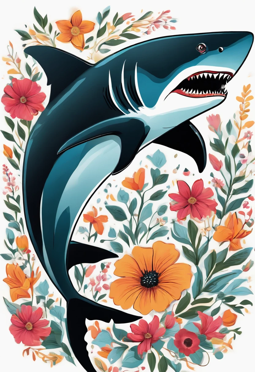 Black background sticker shark illustration, Background full of flowers, Bold outline style, Uneven edges, Garbage core, Light and shadow
