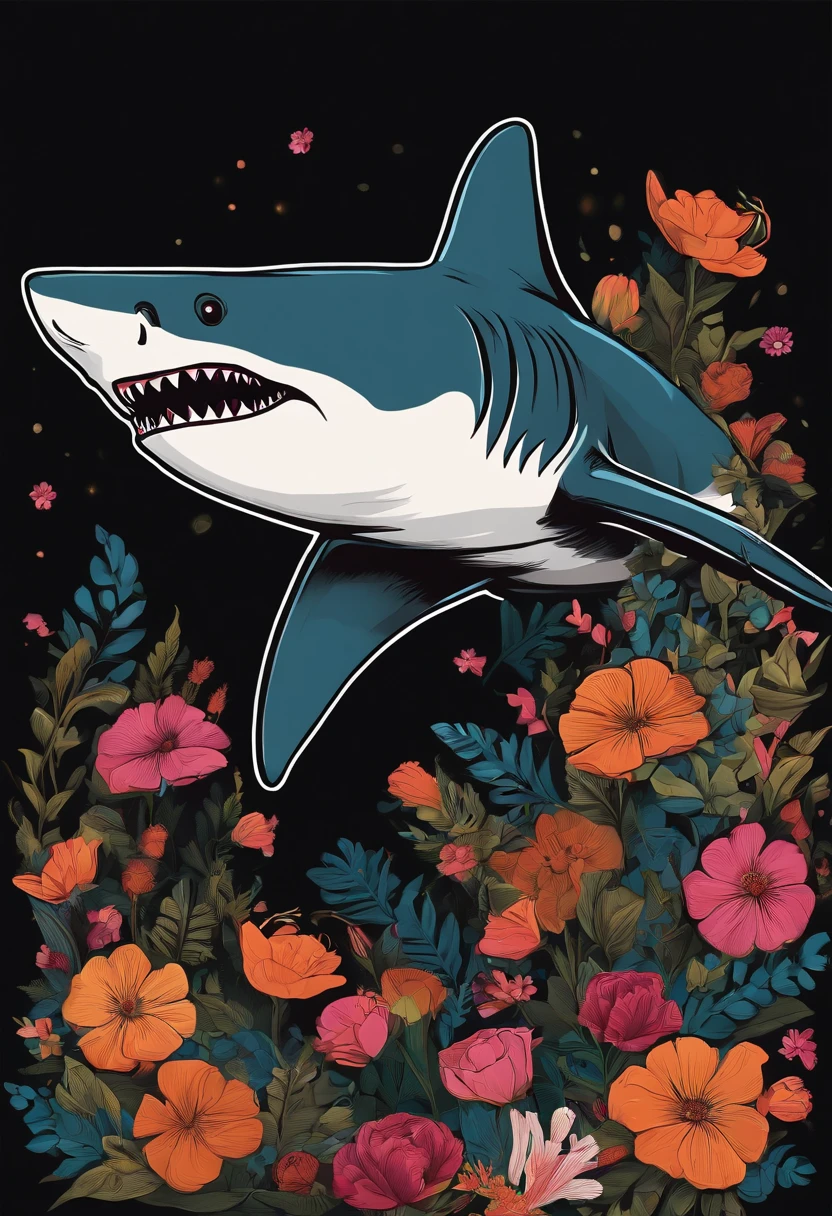 Black background sticker shark illustration, Background full of flowers, Bold outline style, Uneven edges, Garbage core, Light and shadow