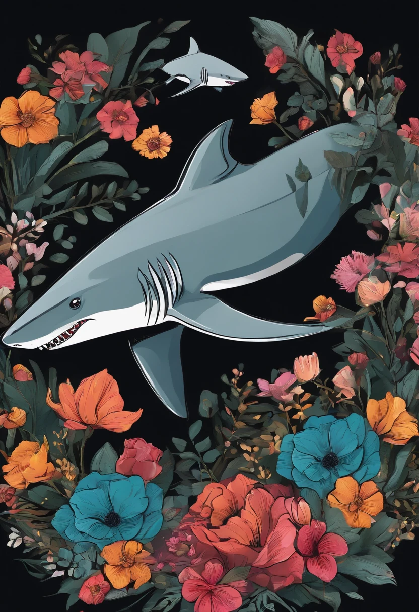 Black background sticker shark illustration, Background full of flowers, Bold outline style, Uneven edges, Garbage core, Light and shadow