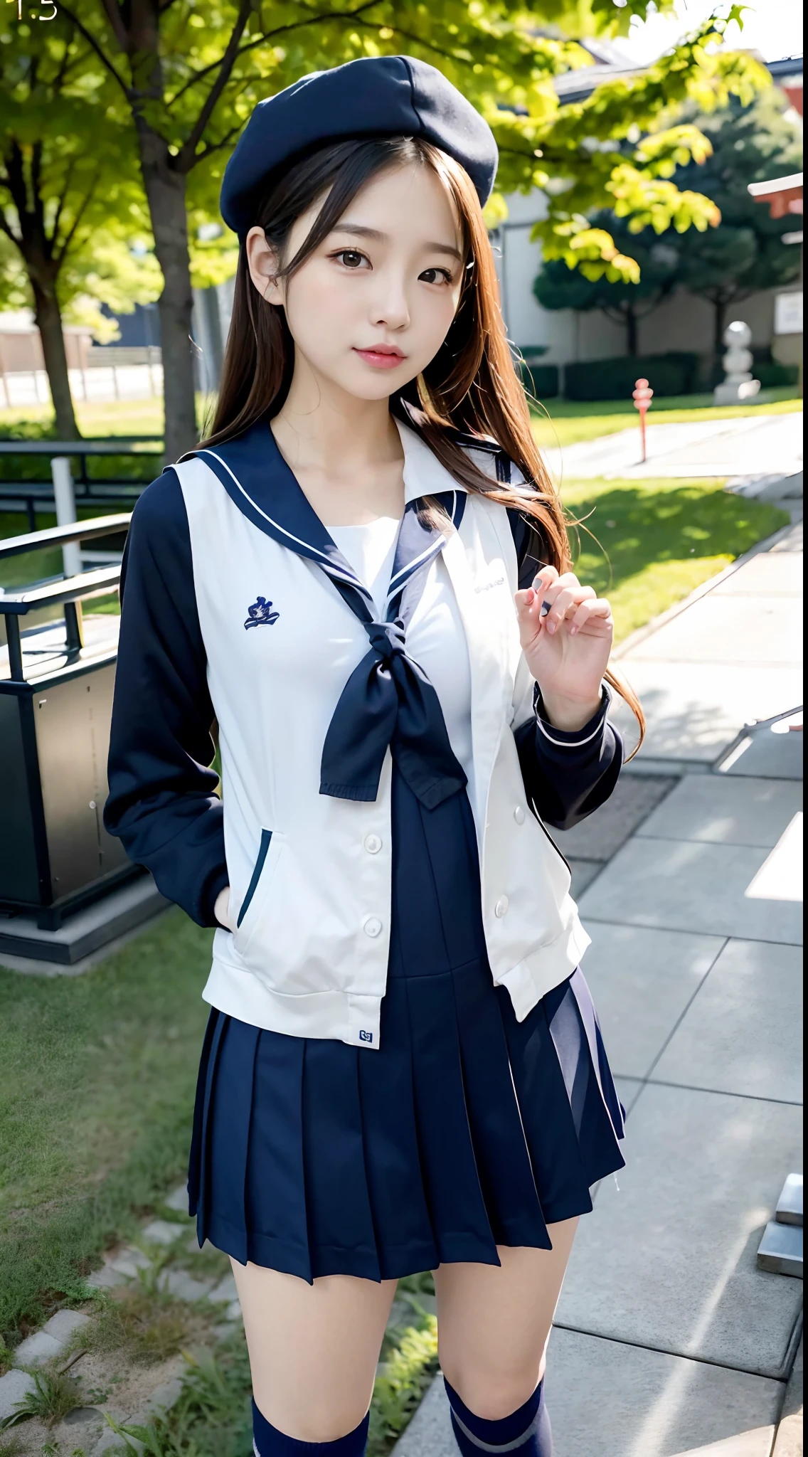 mix4, (16 K, Raw photography, Top image quality, ​masterpiece: 1.45), (realisitic, Photorealsitic: 1.37), one girls, 7．5, etc、Random hairstyle、Standing figure，Noon time slot、a very cute,a park,, profetional lighting, photon maping、physically-based renderingt, Gradient dark brown hair,, a handsome, Well-groomed and beautiful eyes、Large double eyelids、Very shiny、girl with, (((student clothes、Winter clothes、Sailor suit worn by Japan schoolgirl、Navy blue sailor color、scarf、a miniskirt, Small beret、high socks、lowfers))), Top Quality Photos, hight resolution, 1080p, (clearface), (Detailed face description), (Detailed hand description), (​masterpiece), (Exquisite CG)、extreme light and shadows、dishevled hair、master work、abundant detail、(Fine facial features)、(top quality photo)、(masuter piece)、(A detailed eye)、Look in front of you、Fine clavicle、((Slender big))、(((Japan schoolgirl in sailor suit)))、((Ready Idol System))、((a park、Slide、The fountain、seesaw))、(Shooting from random perspectives)、(((neat and cute)))、耳Nipple Ring、A big smile、Drawing the whole body from the knees、Do not draw nasolabial folds、(((Cute sailor suit)))、(Big breasts that hang down big:1.2)、Big buttocks with tension、Two arms and two legs、(((from the front side:0.2)))、bare hand、No mask、
