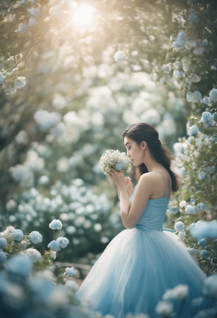 (absurderes, A high resolution, ultra - detailed, NFFSW, Cinematic), Solo, 1girl in, 18yr old, White flare Chiffon Short skirts fluttering, Girl standing in light blue garden, Light blue petals surround a girl, Slim body、smallunderboob、full bodyesbian, Blue long-haired girl, Light blue hair, fantasy, Dreamy, Yuki, offcial art, pop-art, profile, com rosto detalhado, hyper detail eyes, Light blue garden, Hyper-detailed fields, White blue sky, Cold, Light blue, White, Nebula in the sky, blue tree, watercolor paiting, Pastel color
