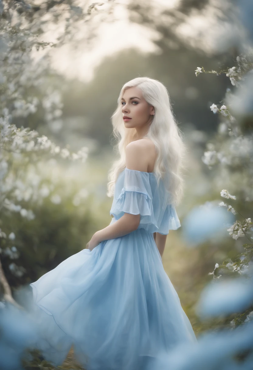 (absurderes, A high resolution, ultra - detailed, NFFSW, Cinematic), Solo, 1girl in, 18yr old, White flare Chiffon Short skirts fluttering, Girl standing in light blue garden, Light blue petals surround a girl, Slim body、smallunderboob、full bodyesbian, Blue long-haired girl, Light blue hair, fantasy, Dreamy, Yuki, offcial art, pop-art, profile, com rosto detalhado, hyper detail eyes, Light blue garden, Hyper-detailed fields, White blue sky, Cold, Light blue, White, Nebula in the sky, blue tree, watercolor paiting, Pastel color