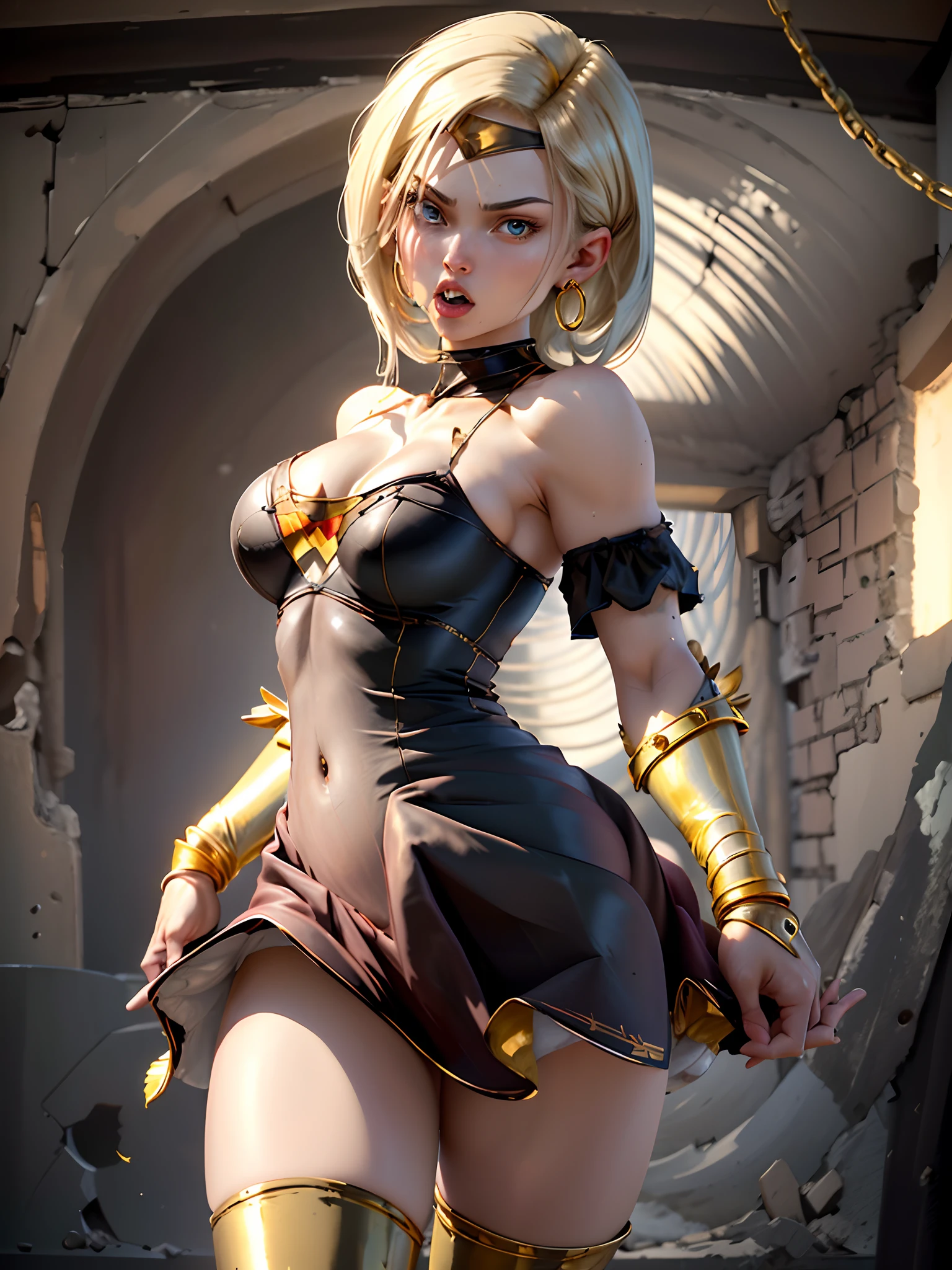 best quality, highres, and18, 1girl, android 18, solo, black hair, blue eyes, long hair, hoop earrings, chunky cuban link jewelry, mouth open, gold teeth, bottom row, medium breasts, pink nipples, cowboy shot, gladiator skirt, gold bracelet, street, villian (Externally expanded chest: 1.2) wonder woman