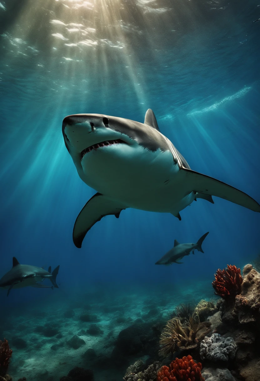 A moment of desperate prayer in the huge belly of a shark.
Illuminated by the dim light coming in from the shark's mouth.
the ocean,Shark with open mouth,Prey on dolphins