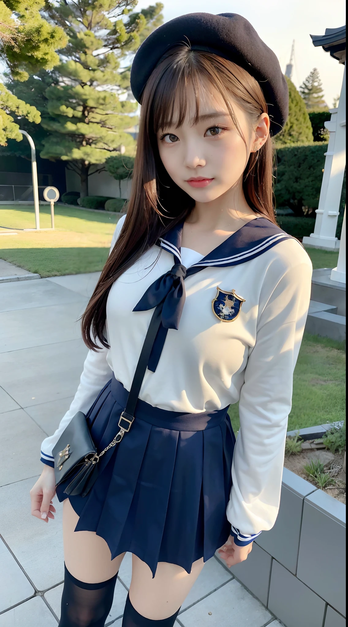 mix4, (16 K, Raw photography, Top image quality, masterpiece: 1.45), (realisitic, Photorealsitic: 1.37), one girls, 7.5, etc、Random hairstyle、Standing figure,Noon time slot、a very cute,a park,, profetional lighting, photon maping、physically-based renderingt, Gradient dark brown hair,, a handsome, Well-groomed and beautiful eyes、Large double eyelids、Very shiny、girl with, (((student clothes、Winter clothes、Sailor suit worn by Japan schoolgirl、Navy blue sailor color、scarf、a miniskirt, Small beret、high socks、lowfers))), Top Quality Photos, hight resolution, 1080p, (clearface), (Detailed face description), (Detailed hand description), (masterpiece), (Exquisite CG)、extreme light and shadows、dishevled hair、master work、abundant detail、(Fine facial features)、(top quality photo)、(masuter piece)、(A detailed eye)、Look in front of you、Fine clavicle、((Slender big))、(((Japan schoolgirl in sailor suit)))、((Ready Idol System))、((a park、Slide、The fountain、seesaw))、(Shooting from random perspectives)、(((neat and cute)))、耳Nipple Ring、A big smile、Drawing the whole body from the knees、Do not draw nasolabial folds、(((Cute sailor suit)))、(Big breasts that hang down big:1.2)、Big buttocks with tension、Two arms and two legs、(((from the front side:0.2)))、bare hand、No mask、