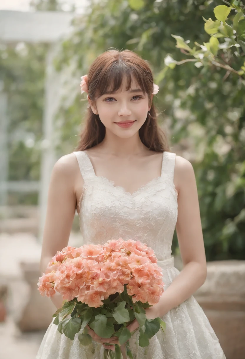 top-quality、8k picture、1girl in, :D, Bangs, black hairband, Blonde hair, Blurry, Blurry background, depth of fields, Dress, flower, flower pots, frilly dress, frilld,White White Dress, Green eyes, shairband, Holding, Long hair, Open mouth, pink flowers, plant, potted plant, sketch, Sleeveless, Sleeveless dress, Smile, Solo, tail, Wrist cuffs, yellow flower, 1980s (Style)