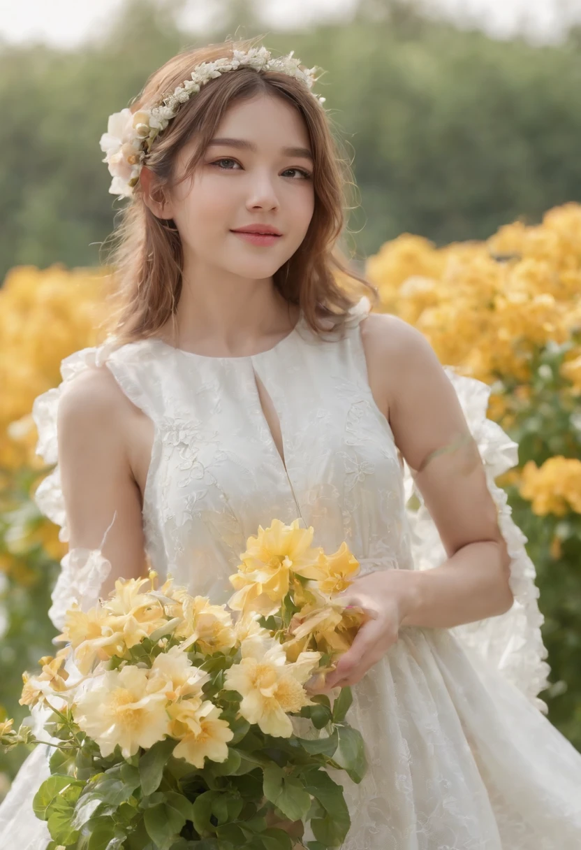 top-quality、8k picture、1girl in, :D, Bangs, black hairband, Blonde hair, Blurry, Blurry background, depth of fields, Dress, flower, flower pots, frilly dress, frilld,White White Dress, Green eyes, shairband, Holding, Long hair, Open mouth, pink flowers, plant, potted plant, sketch, Sleeveless, Sleeveless dress, Smile, Solo, tail, Wrist cuffs, yellow flower, 1980s (Style)