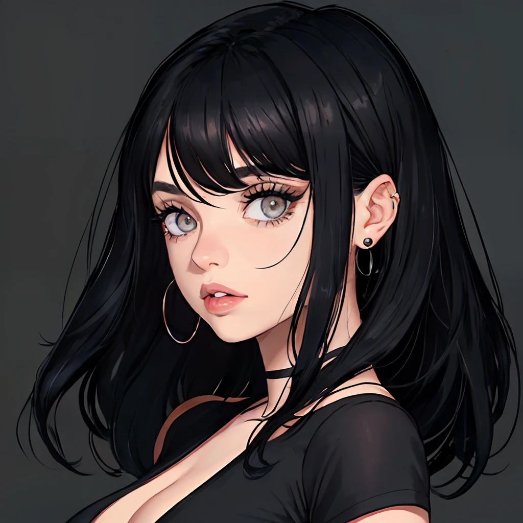 There is a woman with a nose piercing and a black top, Ela tem cabelo preto com franja, cabelos pretos e olhos grandes, cabelo preto e franja branca, franja preta, small lips pointy nose, com bochechas redondas, cabelo blackbangs cabelo, belo rosto redondo, pale round face, lily allen, septal perfurante, com rosto redondo