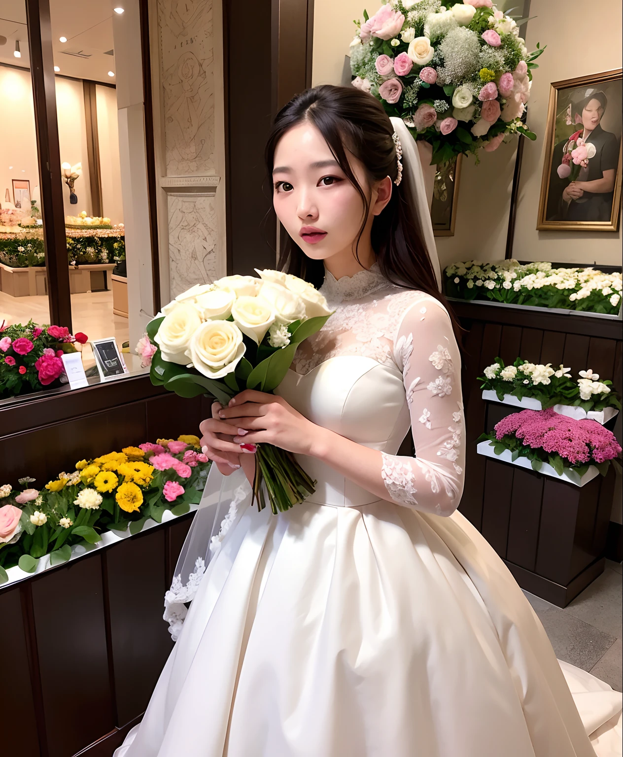 arafed woman in a wedding dress holding a bouquet of flowers, portrait of jossi of blackpink, jaeyeon nam, heonhwa choe, roseanne park of blackpink, jossi of blackpink, jinyoung shin, park ji-min, beautiful south korean woman, bae suzy, seseon yoon, taejune kim, jia, popular south korean makeup