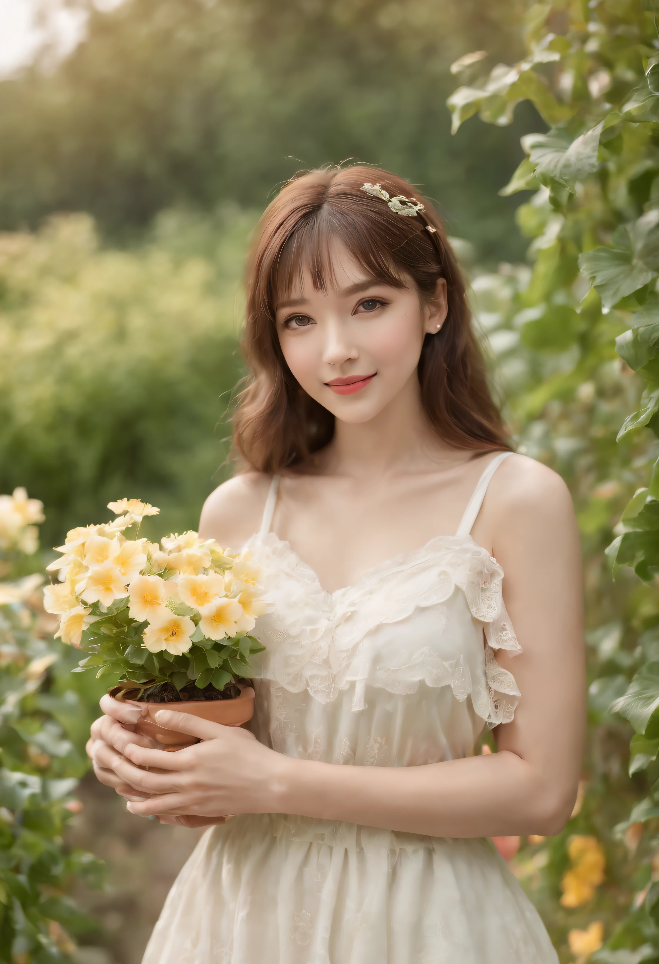 top-quality、8k picture、1girl in, :D, Bangs, black hairband, Blonde hair, Blurry, Blurry background, depth of fields, Dress, flower, flower pots, frilly dress, frilld,White White Dress, Green eyes, shairband, Holding, Long hair, Open mouth, pink flowers, plant, potted plant, sketch, Sleeveless, Sleeveless dress, Smile, Solo, tail, Wrist cuffs, yellow flower, 1980s (Style)