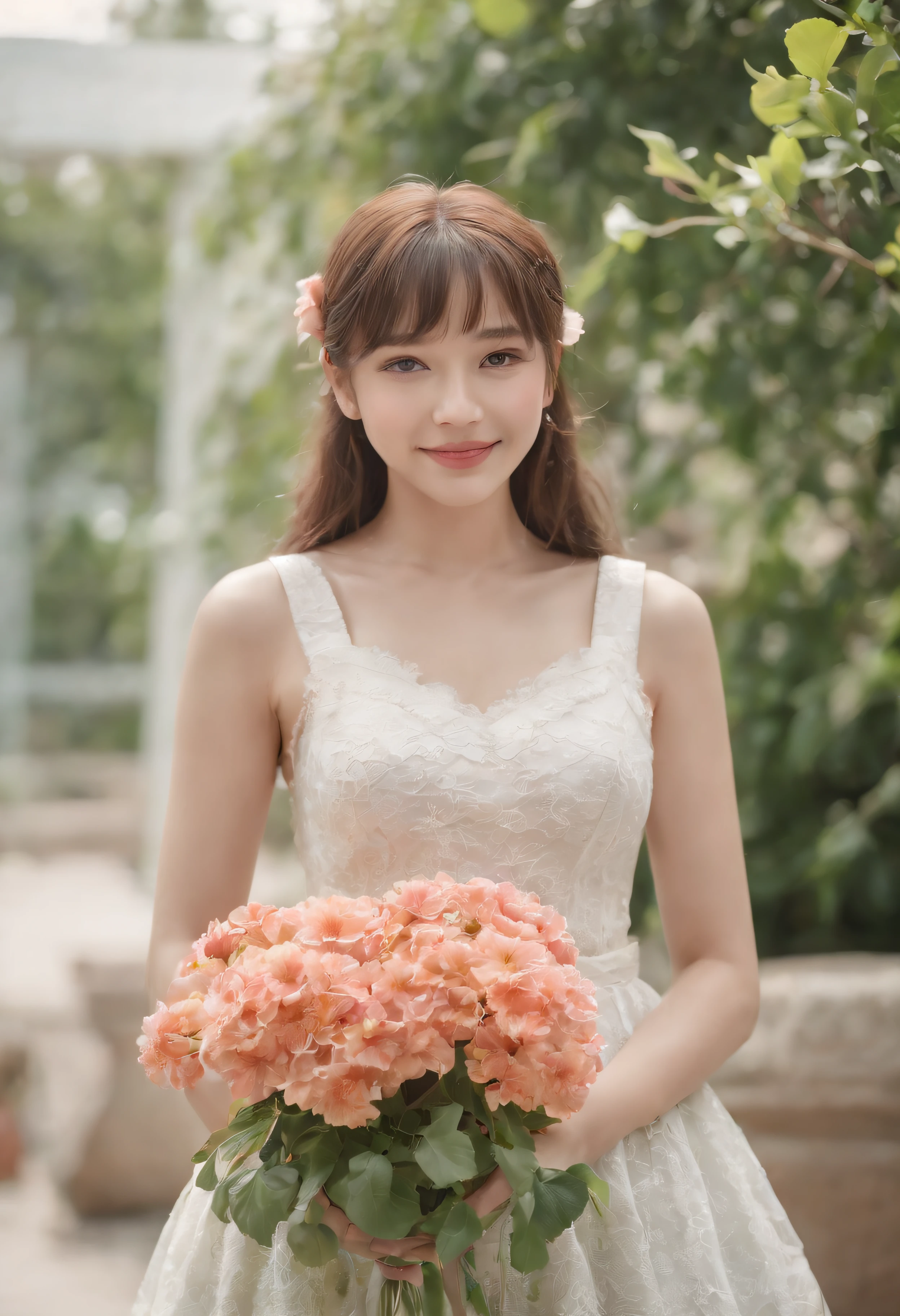 top-quality、8k picture、1girl in, :D, Bangs, black hairband, Blonde hair, Blurry, Blurry background, depth of fields, Dress, flower, flower pots, frilly dress, frilld,White White Dress, Green eyes, shairband, Holding, Long hair, Open mouth, pink flowers, plant, potted plant, sketch, Sleeveless, Sleeveless dress, Smile, Solo, tail, Wrist cuffs, yellow flower, 1980s (Style)