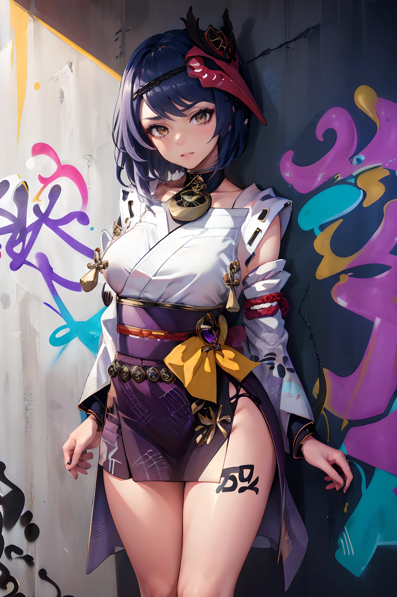 Kujou Sara Genshin Effect, masterpiece, bestquality, 1girls, oversized breasts, bara, Wearing a kimono, choker, (Graffiti:1.5), Splash with purple lightning pattern., arm behind back, against wall, View viewers from the front., Thigh strap, Head tilt, bored, water eyes,