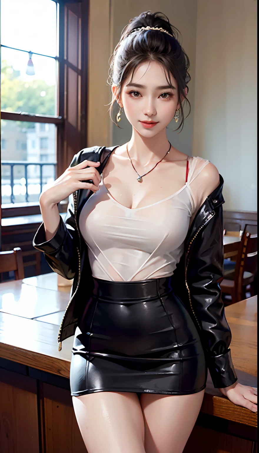 Delicate, Masterpiece, Beautiful Detail, Colorful, Fine Detail, Detail, Detail, Big Breasts, 1 Woman, (20 Year Old Beautiful Korean Woman: 1.1), (KPOP Idol, Korean Mix), (50mm Sigma f/1.4 ZEISS Lens, F1.4, 1/800s, ISO 100, Photo: 1.1), (Ponytail + Black Hair: 1.2) Realistic: 1.4), (Spy: 1.2), (Open Jacket, Shirt, Skirt, Tie, Black Pantyhose, Christian Louboutin \ (Brand\), (1.3), Earrings, chocker Necklace, rain on face, Armlets, (Tavern: 1.2), (Beautiful Legs, Tall Women, Skinny, Slim Legs, Thigh Gap, Model: 1.2), Lens Flare, Happy Smile From the Front: 1.1), Dynamic pose, sitting on a bar stool (make: 1.2)