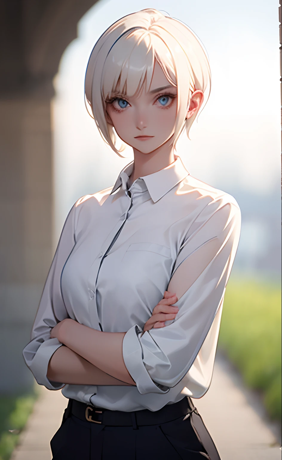 masterpiece, best quality, 1girl, short hair, platinum blonde hair, shirt, trousers