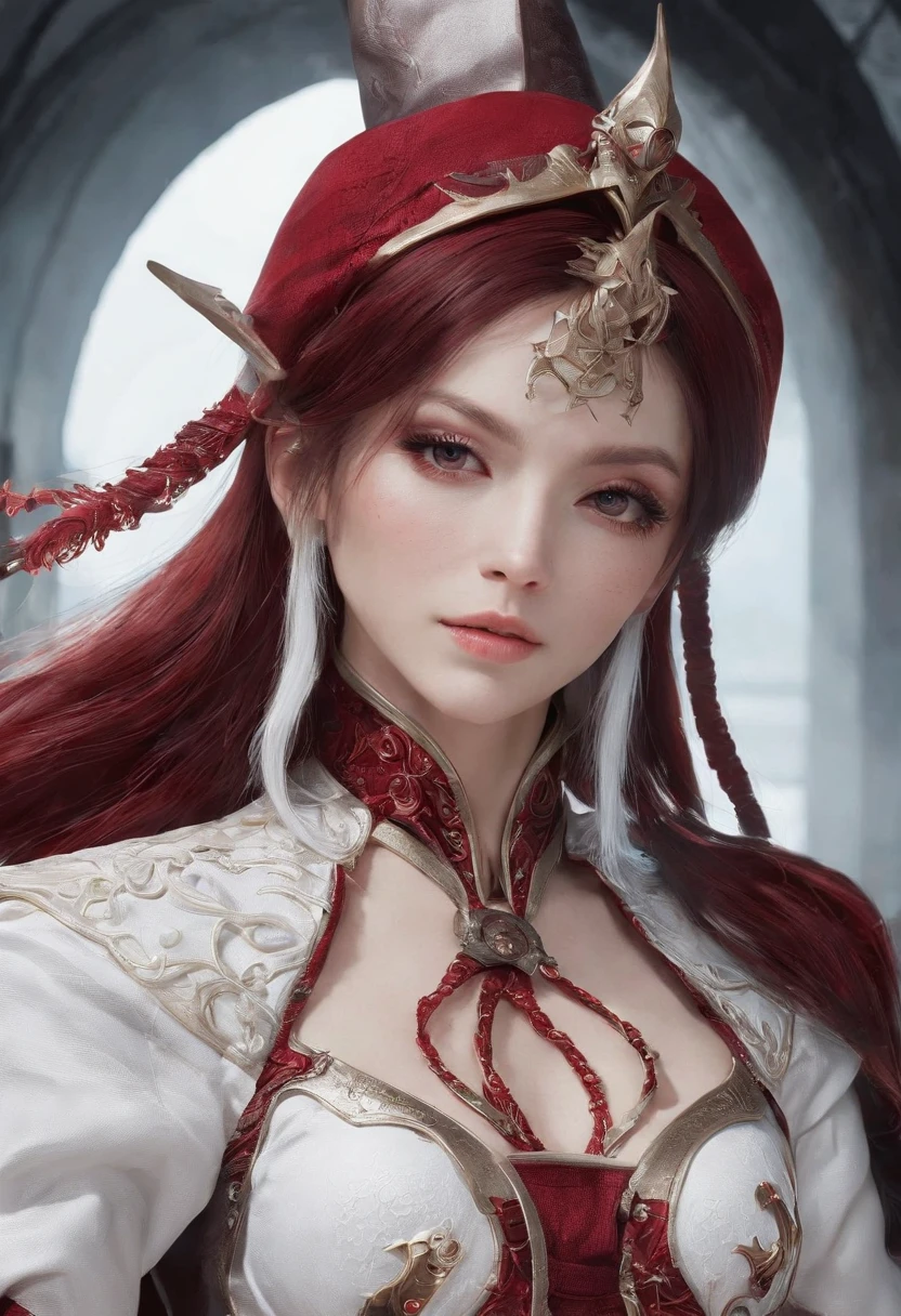 Aranea Highwind,Highest image quality,Outstanding details,超高分辨率,(Fidelity:1.4), Favor the details,closeup cleavage,dawn,Snow,winter,Behind it is the wizard's sword,He has a delicate and beautiful face,((Red and white semi-mechanical body:1.8)),Raised sexy,frontage,cyber punk perssonage,Futuristic,mechanically aesthetic,Virtual Engine 5,Perfect detail rendering,rendering by octane,hyper HD
