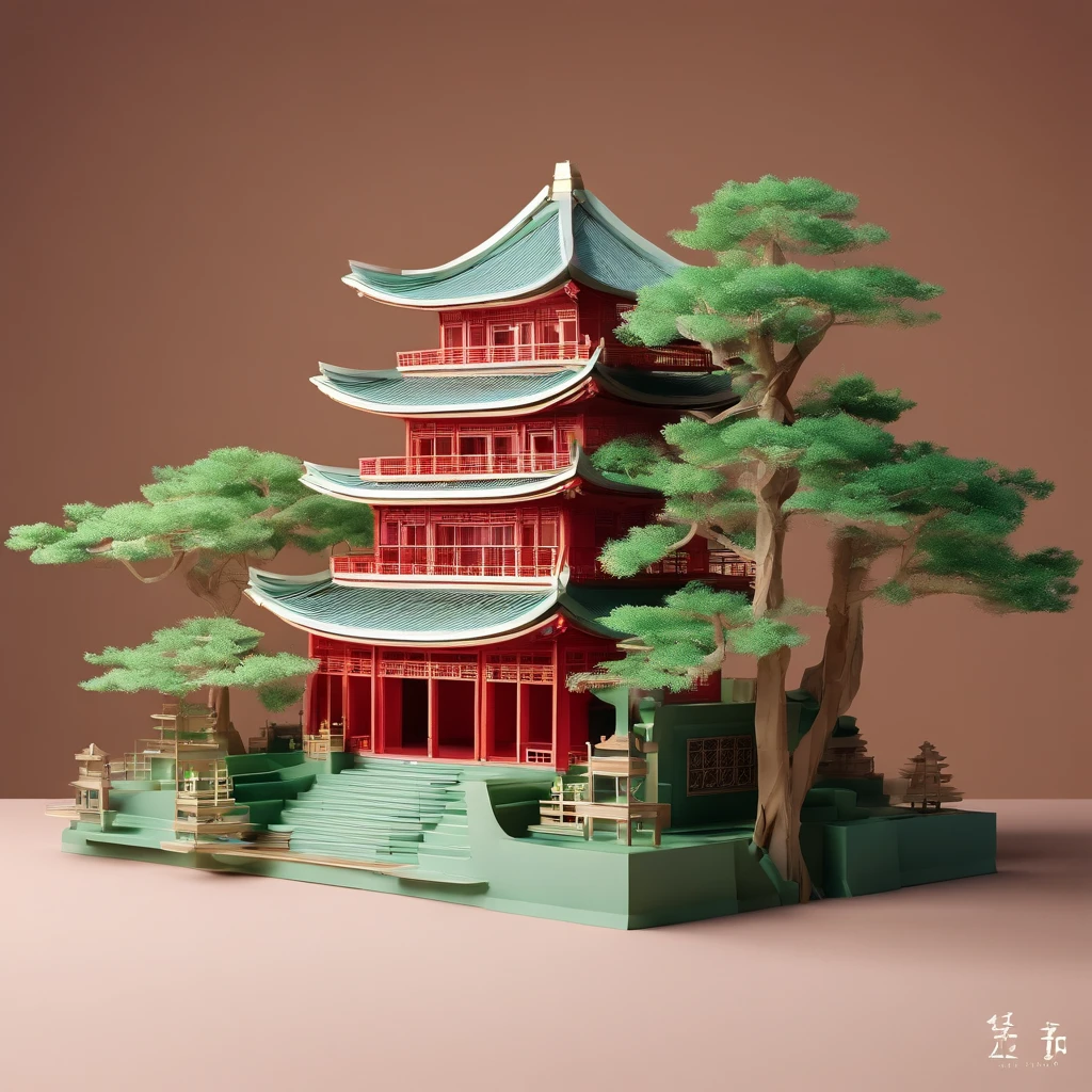 Magnificent Chinese architectural complex,Standing in the green mountains and green waters,Tranquility and elegance,An ancient and mysterious wonderland,Superb skill depicts the details of the building,Each window、Eaves and porches are clearly visible,The unique charm of traditional Chinese architecture。The building blends in with the surrounding landscape,It seems to be a perfect combination of nature and humanity,mountains and rivers。The mountains are majestic,Layers of mountains,The river meanders,Clear,Features of the art of paper cutting,The lines are smooth and precise,carefully designed,Refined and layered,Gorgeous and sophisticated,Bright and vivid。The building is made of traditional red and gold,The landscape part is gradient green、Blue and gray display,creating a serene and peaceful atmosphere。The color combinations throughout the work complement each other perfectly,It's intoxicating。