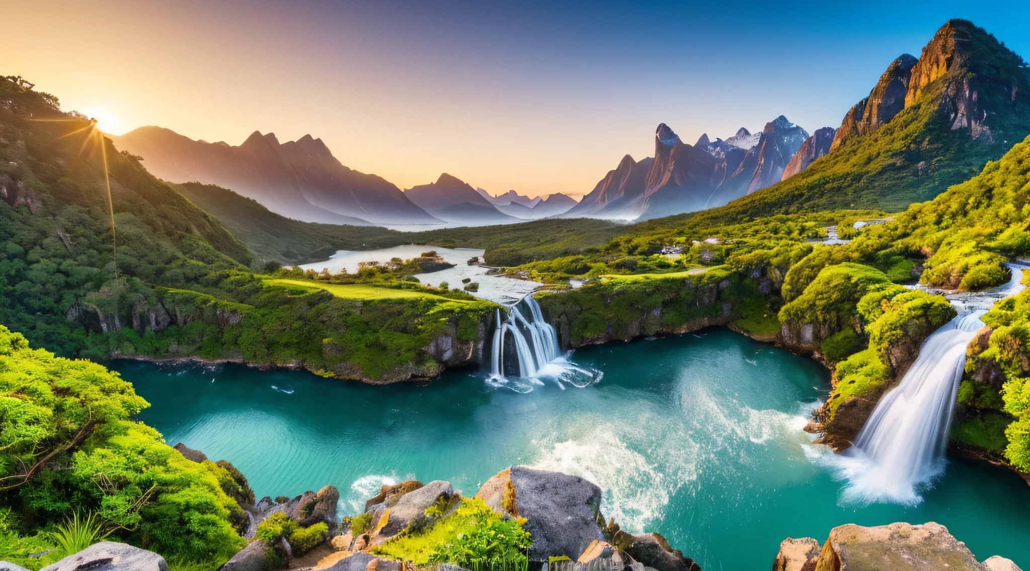 (best quality,4k,8k,highres,masterpiece:1.2),ultra-detailed,(realistic,photorealistic,photo-realistic:1.37),cascading waterfall,natural landscape,vibrant vegetation,towering mountains,immersive experience,sunlit,stunning,colorful foliage,tumbling water,refreshing mist,serene atmosphere,peaceful,harmonious,tranquil setting,enchanting beauty,lush greenery,majestic peaks,endless horizon,magnificent view,exquisite detail,rugged cliffs,pristine surroundings,lively ecosystem,breathtaking panorama,scenic wonders,spectacular vantage point,unspoiled wilderness,majestic cascade,awe-inspiring heights,expansive scenery,serenity in nature,verdant paradise,tranquility amidst nature,magnificent sight.