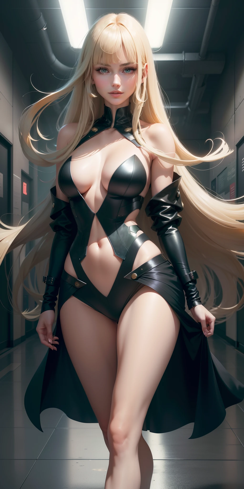 perfect breasts ((book cover)) ((1 beautiful woman in her 20s)), ((light blonde hair)) ((Long haircut with bangs, traditional bangs)) ((hair flowing in the wind)), ((crystalline green eyes)), stylish scarlet blazer, strapless blouse underneath, long black pants with synthetic accessories, perfect face, roguish smile, Softly blurred background, secret underground base of the Legion of Shadows, In the underground corridor setting with fluorescent lights on the ceiling, dark night, dark watercolor splashes in the background ((best quality, 8k, ultra detailed)) ((Cinematic image)) standing pose, bent leg, Focus from face to bust, sharp, Book cover Fantastic Mystery thriller