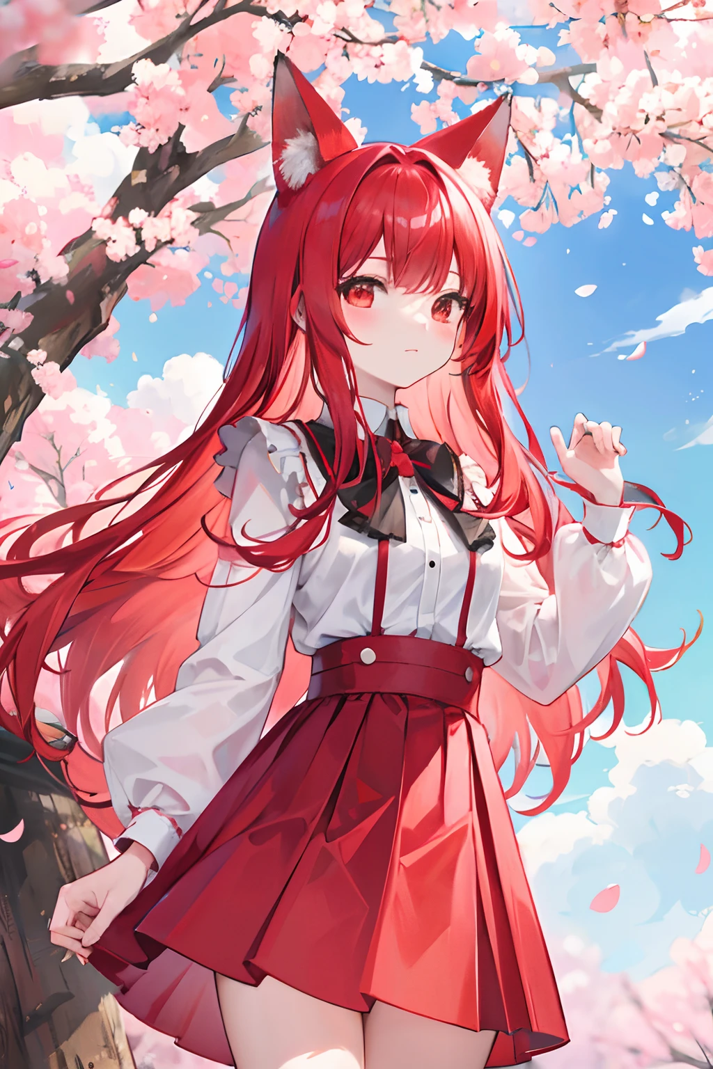 Red long-haired,Red fox ears,SakuraNS,the cherry trees,Translucent gauze skirt