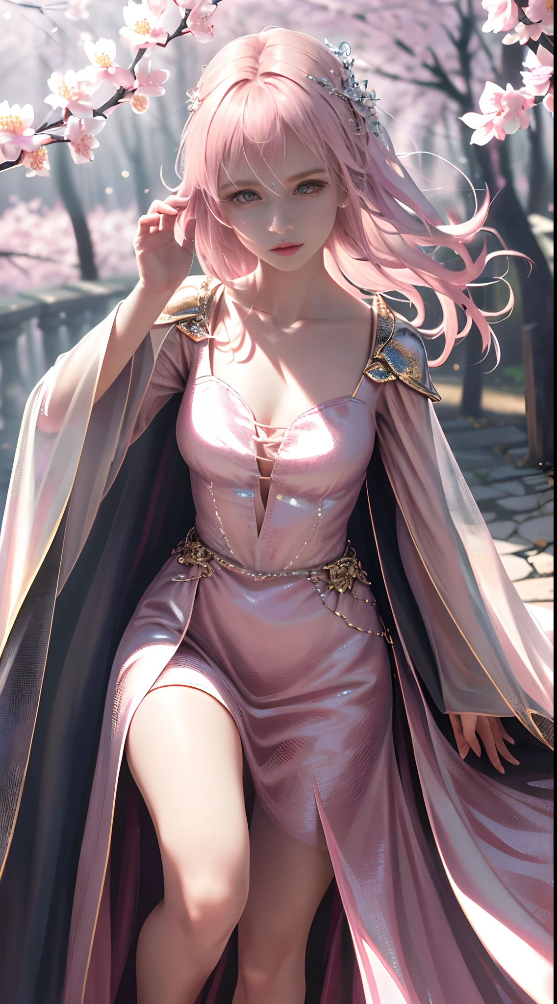 A woman in a light pink dress stands in a cherry blossom forest, Art germ, Realistic landscape, Detailed artistic germ, perfect eyes, perfect face, ultra - detailed, full body shot of, (skin indentation: 1.5), realisticlying, realisticlying, (tmasterpiece: 1.5), concept-art, intricately details, highly detailed, realisticlying, Octane rendering, 8K, unreal-engine, dynamicposes, best qualityer, A high resolution, (photorealiscic face: 1.1), (ultra-realistic realism: 1.1) , ((full_Body)), perfect eyes, (shiny skin: 1.2), ((hairdo))), ((Perfect hands))), (very highly detailed background), ((Dynamic background), ((Lightning), (Lightning), ((1girll)), wears a long robe, (((Flow curtain))), ((A detailed eye, high-quality eyes, high-quality face)), The light pink dress is extremely complicated, Magic robes), casting lightning, electricity, rotating flame, radiation, Spark, Smoke, magia, (Dramatic), Epic, battlefiled, depth of fields, Bokeh, 4K, gotik, ashes, Particulate matter.