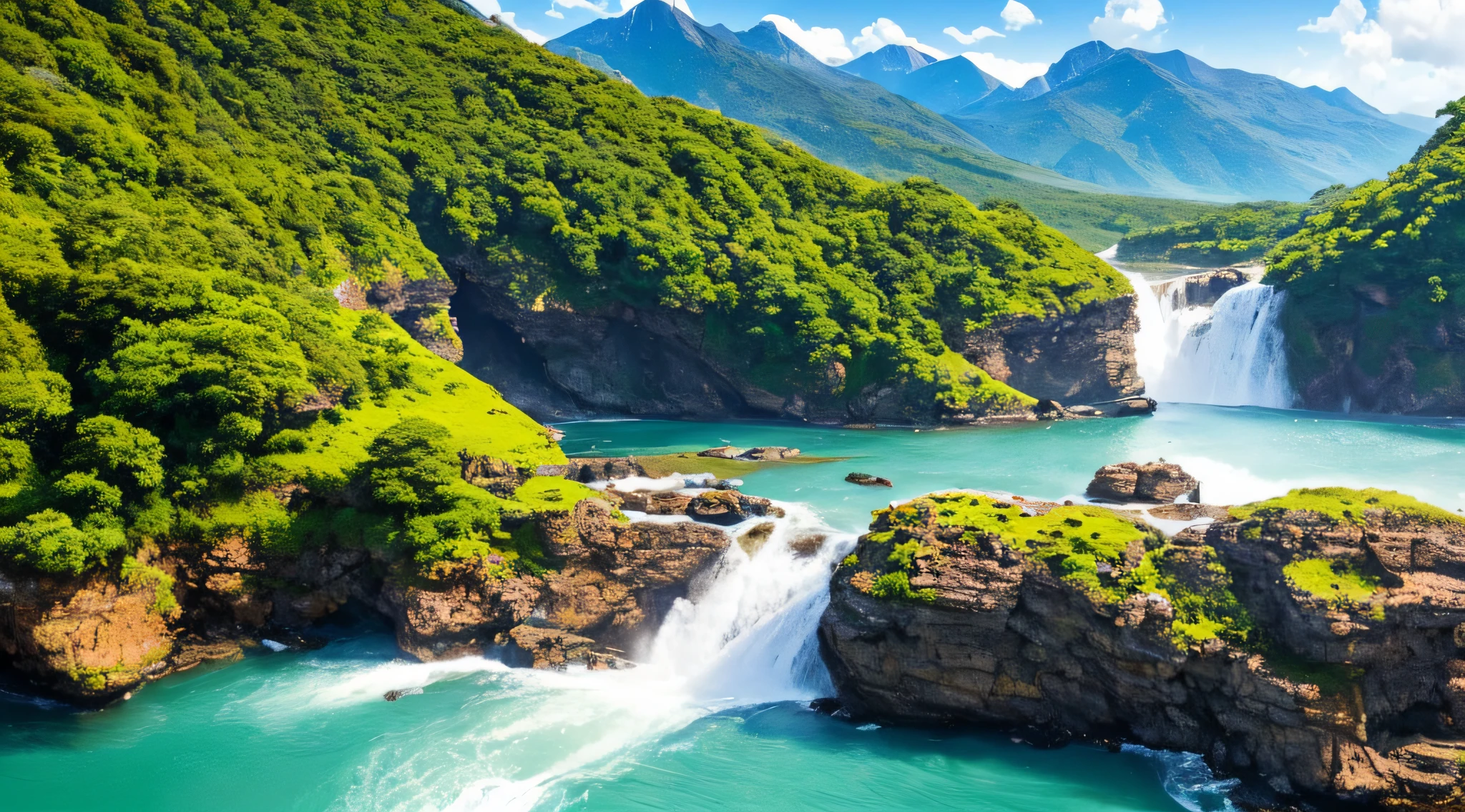 (best quality,4k,8k,highres,masterpiece:1.2),ultra-detailed,(realistic,photorealistic,photo-realistic:1.37),cascading waterfall,natural landscape,vibrant vegetation,towering mountains,immersive experience,sunlit,stunning,colorful foliage,tumbling water,refreshing mist,serene atmosphere,peaceful,harmonious,tranquil setting,enchanting beauty,lush greenery,majestic peaks,endless horizon,magnificent view,exquisite detail,rugged cliffs,pristine surroundings,lively ecosystem,breathtaking panorama,scenic wonders,spectacular vantage point,unspoiled wilderness,majestic cascade,awe-inspiring heights,expansive scenery,serenity in nature,verdant paradise,tranquility amidst nature,magnificent sight.