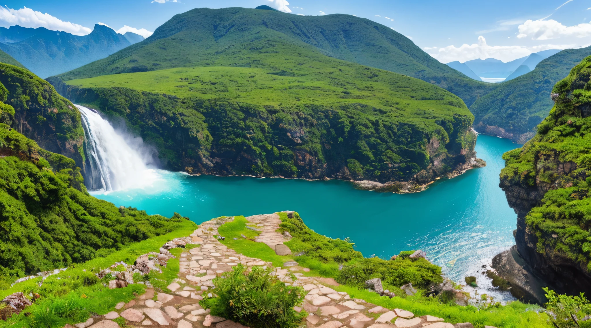 (best quality,4k,8k,highres,masterpiece:1.2),ultra-detailed,(realistic,photorealistic,photo-realistic:1.37),cascading waterfall,natural landscape,vibrant vegetation,towering mountains,immersive experience,sunlit,stunning,colorful foliage,tumbling water,refreshing mist,serene atmosphere,peaceful,harmonious,tranquil setting,enchanting beauty,lush greenery,majestic peaks,endless horizon,magnificent view,exquisite detail,rugged cliffs,pristine surroundings,lively ecosystem,breathtaking panorama,scenic wonders,spectacular vantage point,unspoiled wilderness,majestic cascade,awe-inspiring heights,expansive scenery,serenity in nature,verdant paradise,tranquility amidst nature,magnificent sight.