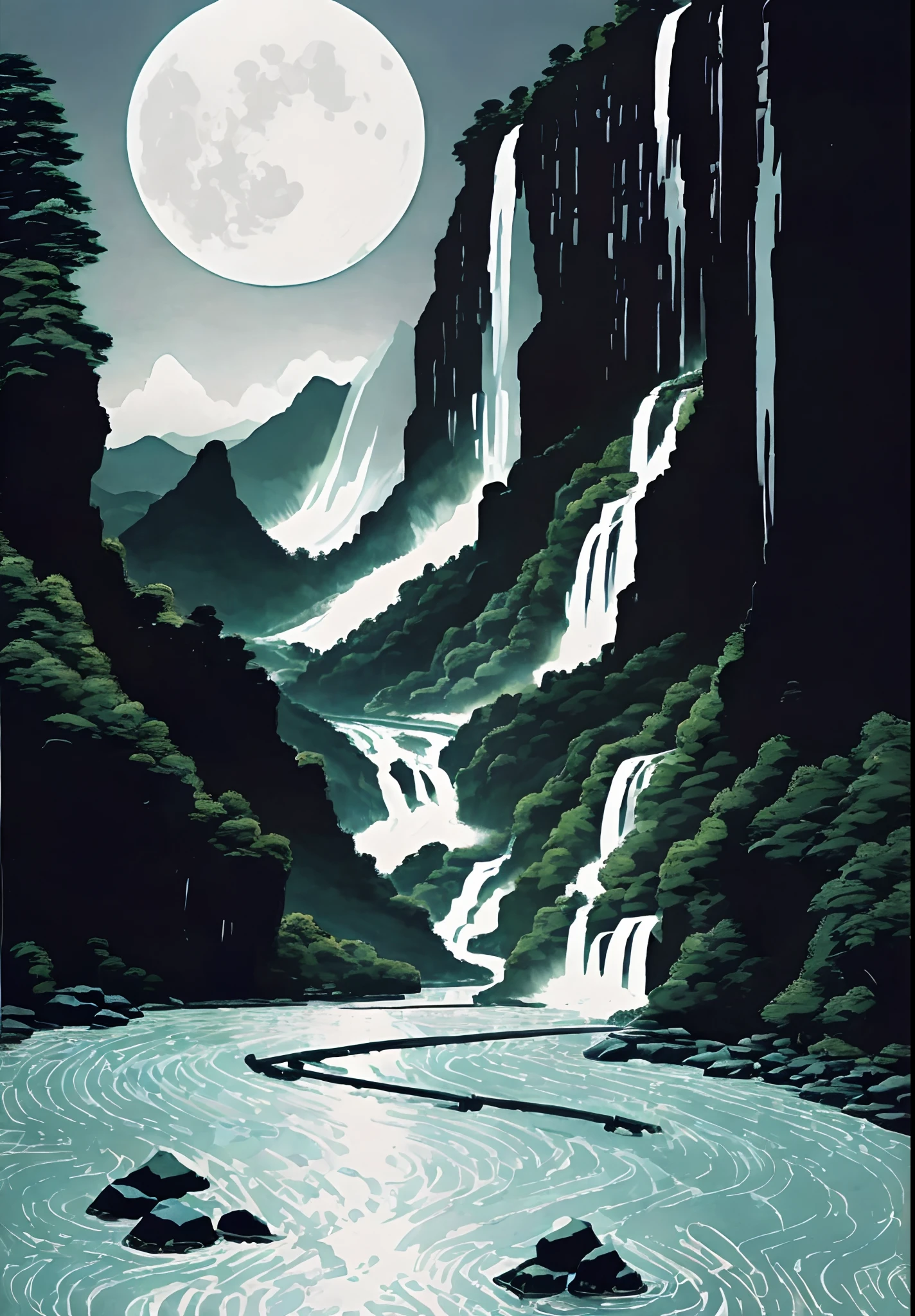 Enjoy the mountain view with river, village, waterfall and moon, a beautiful artwork illustration, highly detailed digital artwork, 4k highly detailed digital artwork, highly detailed digital paintings, intricate digital paintings, beautiful digital artwork, landscape art details, Onmyoji detailed artwork, 4k highly detailed artwork, highly detailed digital artwork, floating mountains, 4k detailed artwork, very detailed digital paintings