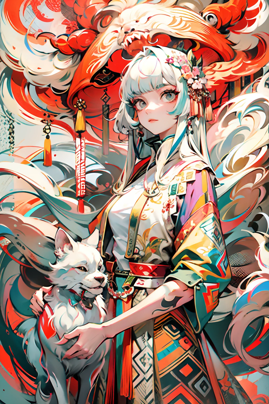 image of a nine-tailed fox and a Chinese classical woman, highlydetailed, reflections transparent iridescent colors, long transparent iridescent RGB hair, artby Serafleur from artstation, thick acrylic，made by jcv jquery, in surreal rendering style, futuristic glamour, wildlife photography, light beige and red, minimalist sculptor, celebrity image mashup, well lit scene lh --niji 5 --ar 3:4