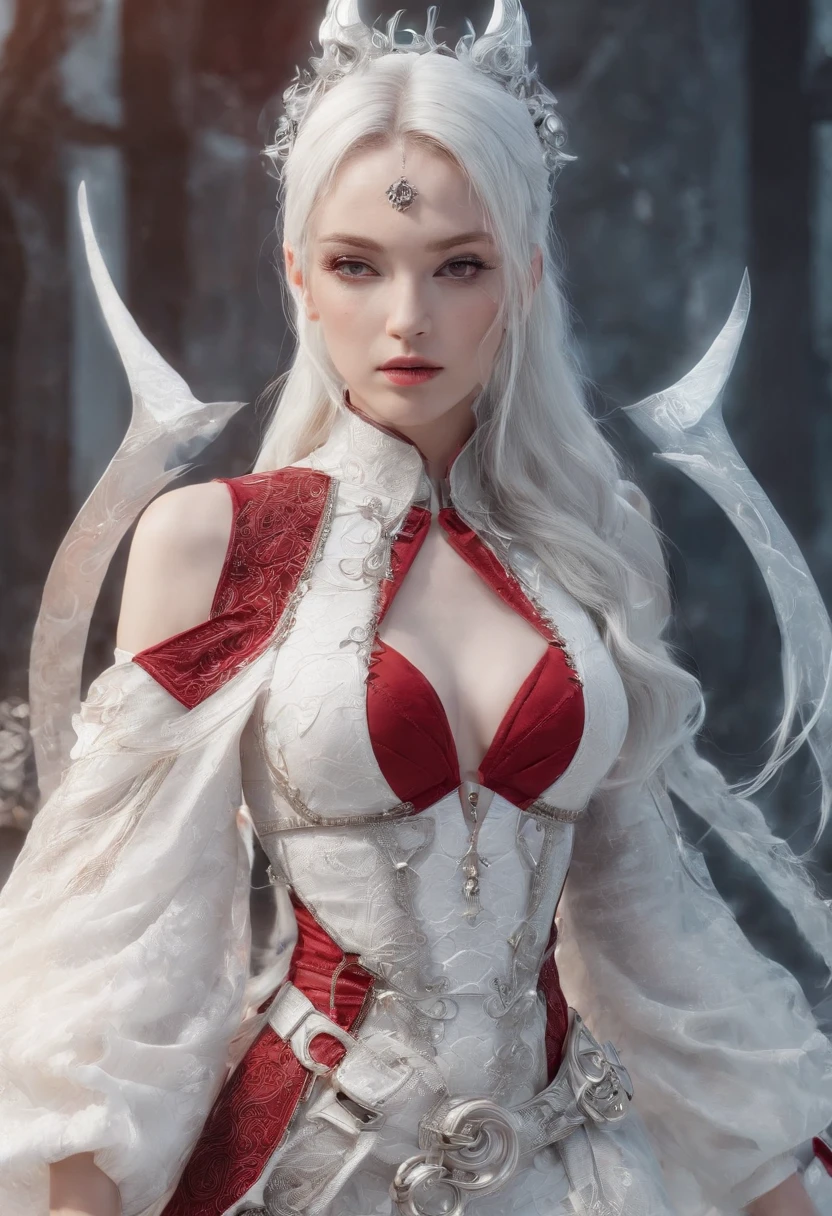 Alanya high wind，Highest image quality，Outstanding details，超高分辨率，（Fidelity：1.4）, Favor the details，closeup cleavage，dawn，Snow，winter，Behind it is the wizard's sword，He has a delicate and beautiful face，（（Red and white semi-mechanical body：1.8）），Raised sexy，frontage，cyber punk perssonage，Futuristic，mechanically aesthetic，Virtual Engine 5，Perfect detail rendering，rendering by octane，hyper HD