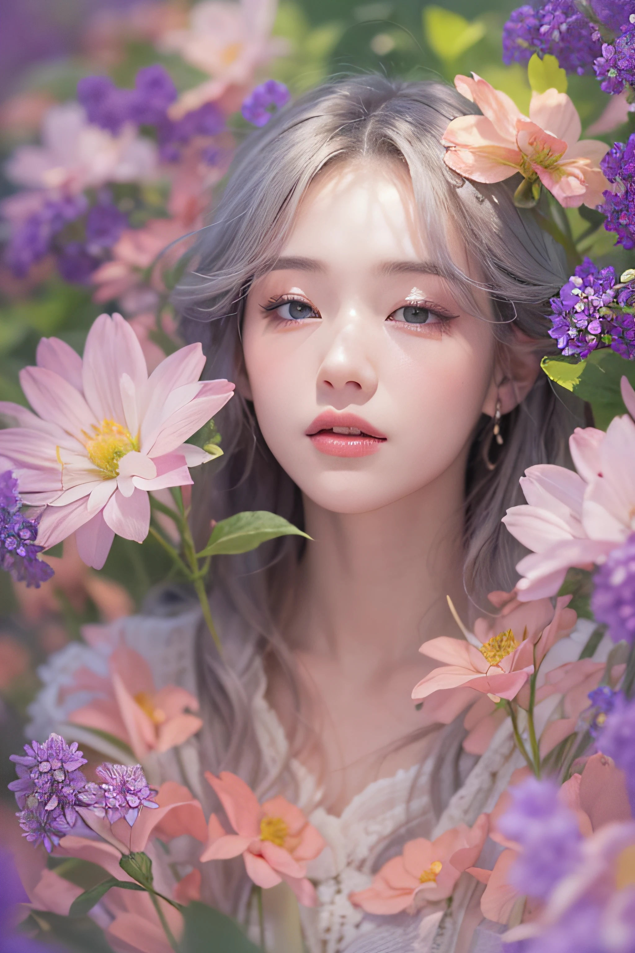1womanl、Early 20s、(beauitful face:1.5)、A faint rain of light、Shending flowers、From the overflowing tearbuds、Start smelling one by one、Distant spring、Give me love、Eta、I hear your familiar voice