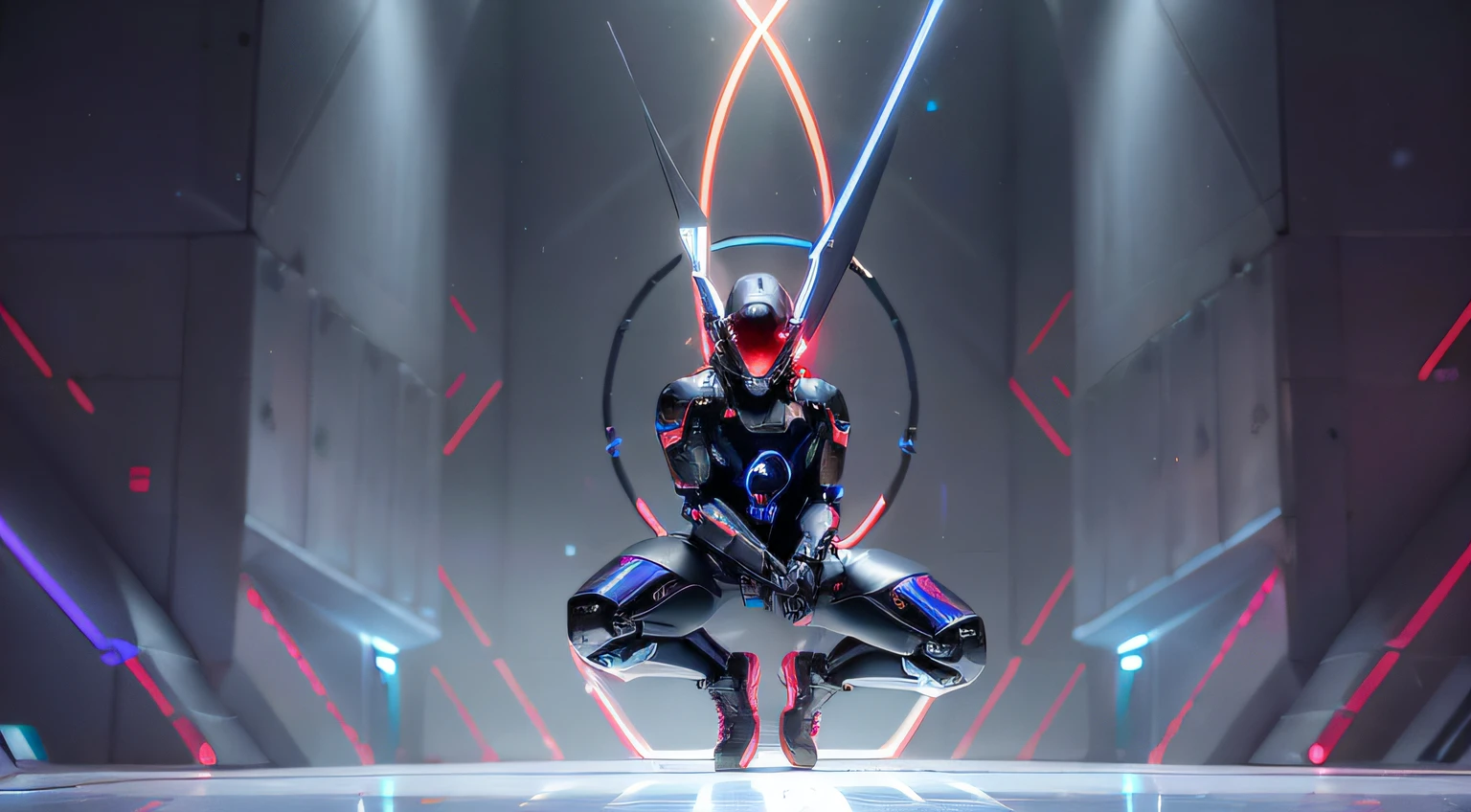 rainbow divine paradise. heavenly illumination. God. Holy robotic. levitating. Position of god. Floating in a cathedral. strong, robust and masculine body. fat arms. Position of divinity. Floating. divine statue, pedestal, holy pedestal. levitating. masterpiece, best quality, a close up of a futuristic looking cyborg man with a fantastic cyber helmet head with red and blue triangle led lights and a halo, full body, dancing. dance. synthwave ballad. silver pants. wearing a red and blue techwear jacket, white church in background. jump, full body, robotic legs. divine statue, pedestal, holy pedestal.