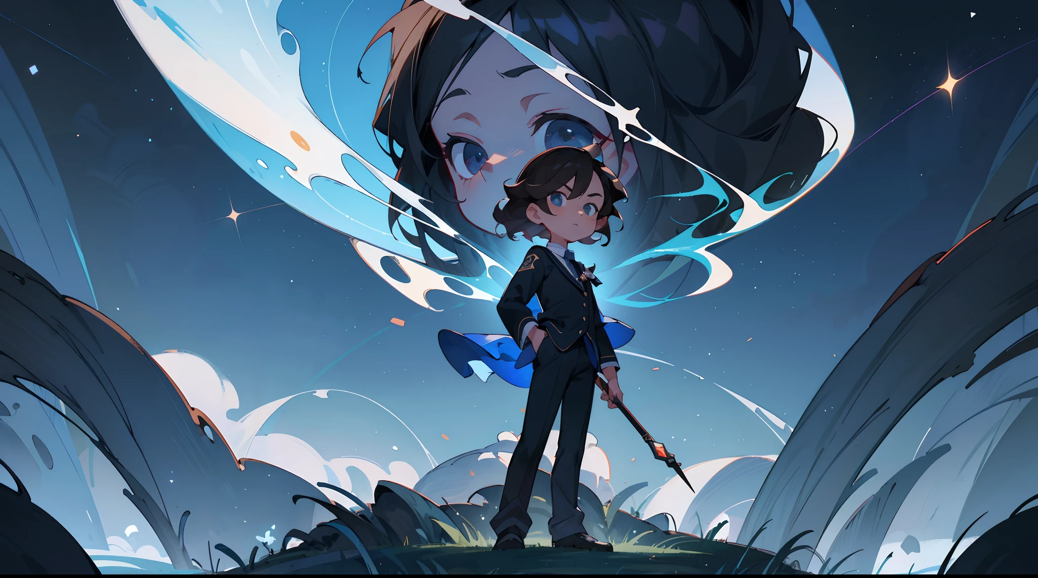 (tmasterpiece,Best quality at best),highly details, Ultra-detailed 8K, 超高分辨率,finely detailed facial features,The girl fell from space like a shooting star,The boy standing on the ground looked at the sky,Lateral face(-yeld giblack long curly hair,white dresses,)(12 year on,brunette color hair,黑The eye,Black Academy uniform)face expressionless,Full body view,,Bask in starlight,perfect compositions,Black and blue composition,Panorama view