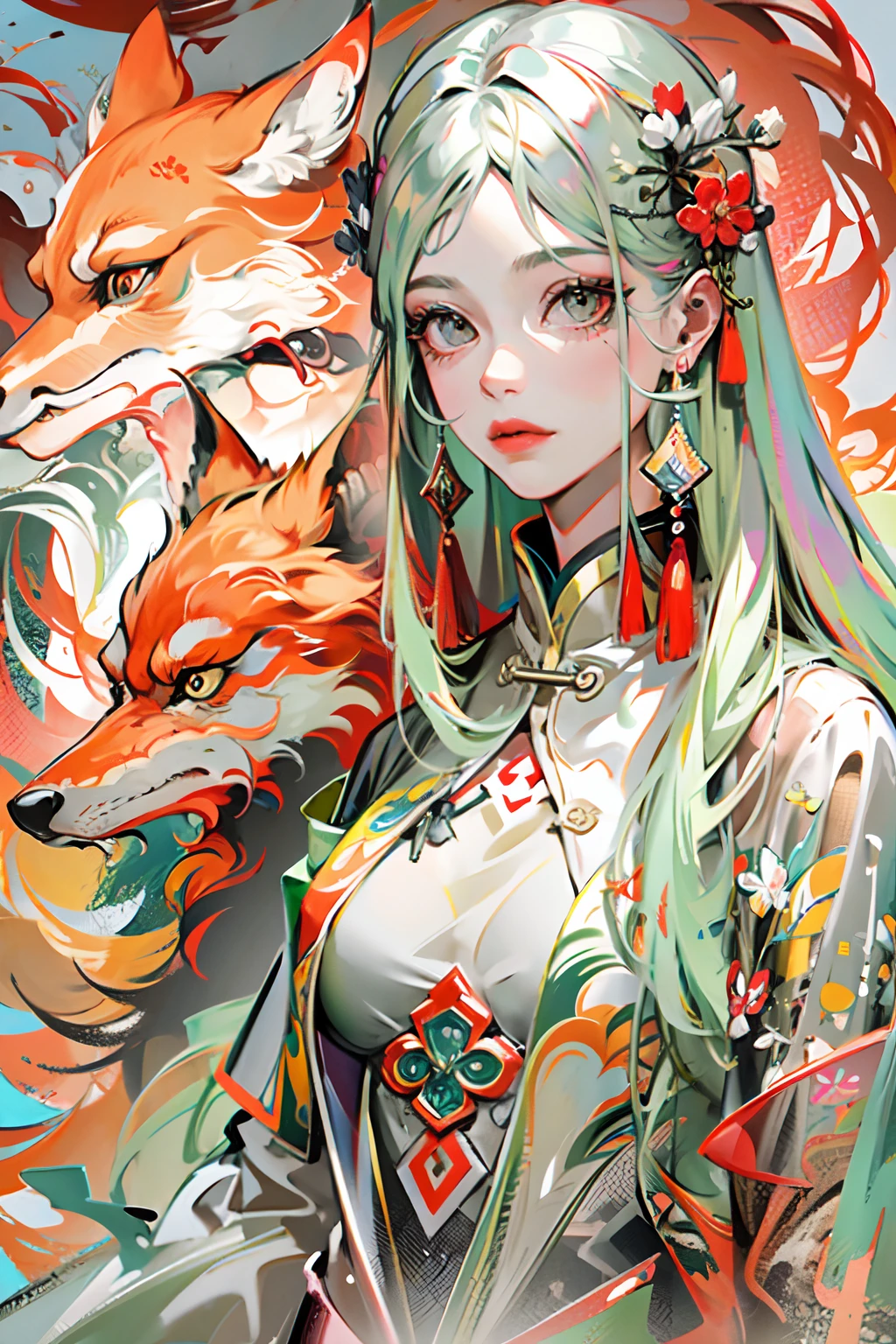 image of a nine-tailed fox and a Chinese classical woman, highlydetailed, reflections transparent iridescent colors, long transparent iridescent RGB hair, artby Serafleur from artstation, thick acrylic,made by jcv jquery, in surreal rendering style, futuristic glamour, wildlife photography, light beige and red, minimalist sculptor, celebrity image mashup, well lit scene lh --niji 5 --ar 3:4