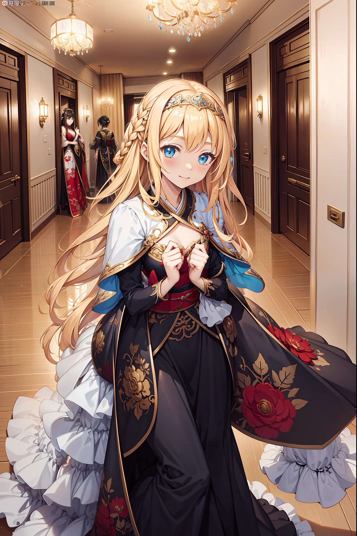 teens girl,divino,Enchanted,having fun,Being in love,blond hairbl,Dark soft dress,transparent costume,intricate detailed clothes,Pattern,Princess headband,A small amount of lace,swim wears,dining room,solo person,the night,Chinese elements,on cheongsam
