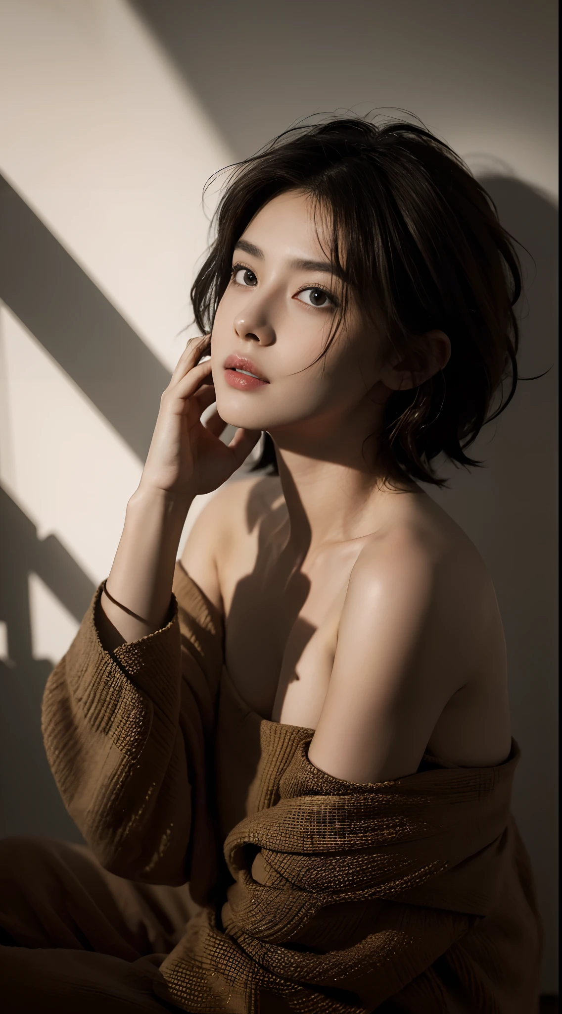Best quality, masterpiece, ultra high res, (photorealistic:1.5), raw photo, 1girl, offshoulder, in the dark, deep shadow, low key, cold light, sexy look, short hair