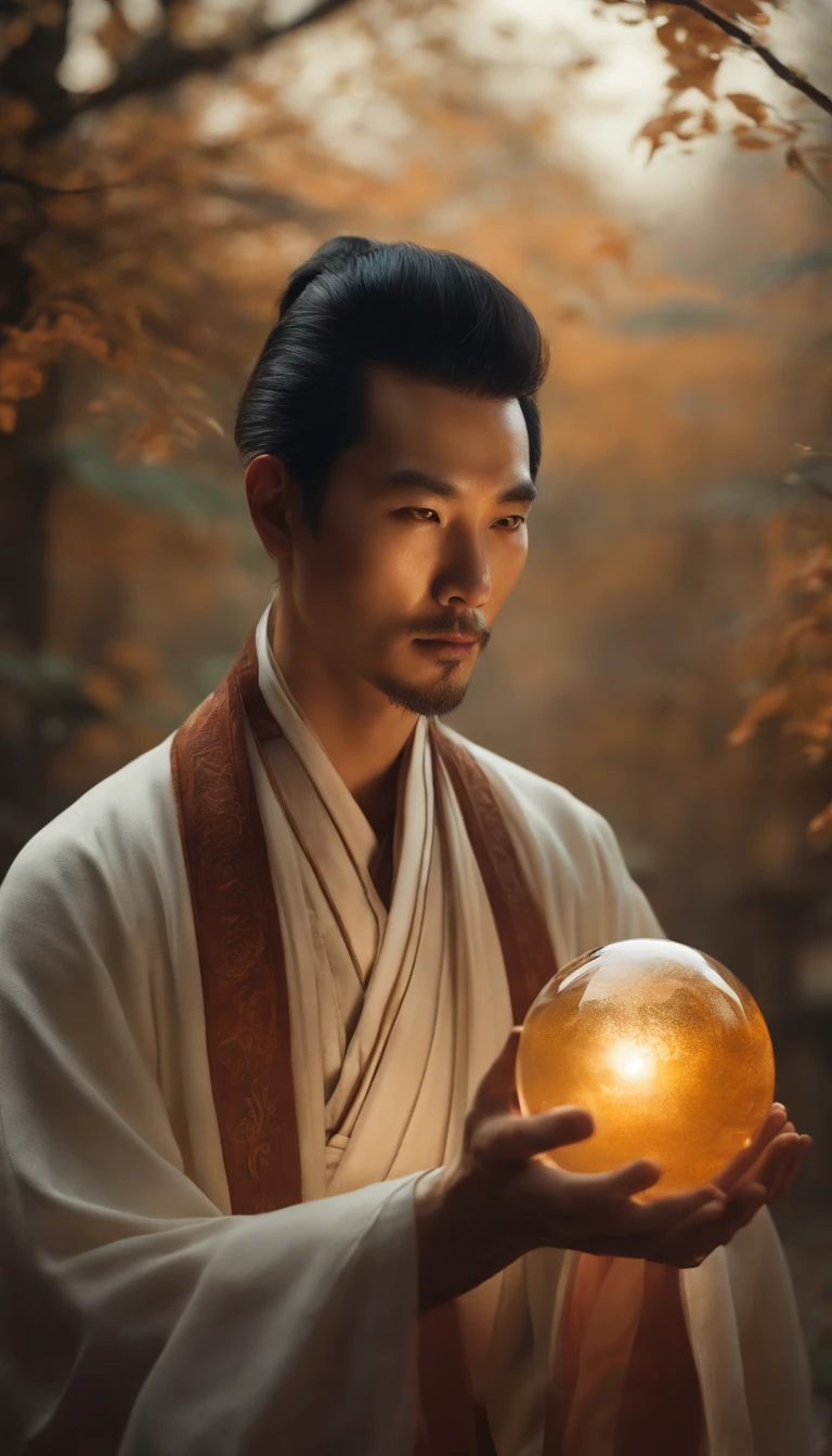 Close-up of an Asian man holding a crystal ball in his hand, Inspired by Hu Zaobin, inspired by Li Gonglin, ross tran and michael whelan, Taoist master, inspired by Wu Bin, Ross Tran 8 K, Taoist, closeup portrait of an mage, inspired by Gong Xian, inspired by Wu Daozi, inspired by Jeremy Chong