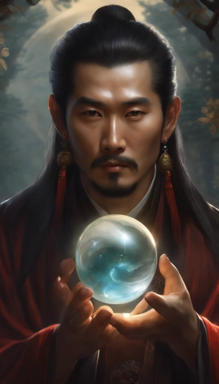 Close-up of an Asian man holding a crystal ball in his hand, Inspired by Hu Zaobin, inspired by Li Gonglin, ross tran and michael whelan, Taoist master, inspired by Wu Bin, Ross Tran 8 K, Taoist, closeup portrait of an mage, inspired by Gong Xian, inspired by Wu Daozi, inspired by Jeremy Chong