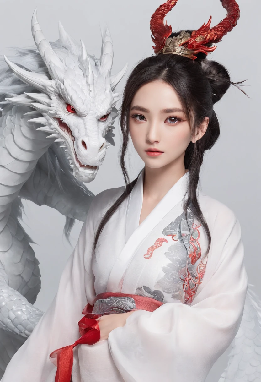 Elania Haywind，动态照明，art  stations，poster for，Volumetriclighting，Very detailed faces，4k wallpapers，Award-Awarded，1 girl with white hair，He has a delicate and beautiful face，long hair flowing，horse tailed，Fringed Hair Ornament，Dynamic perspective，White Hanfu，White gauze flying，red waistband，Sexy，Tradition Chinese Ink Painting，Surrounded by clouds，fog atmosphere，Ride a white dragon，Stroke the faucet，White dragon horn，dynamic viewing angle，电影灯光，