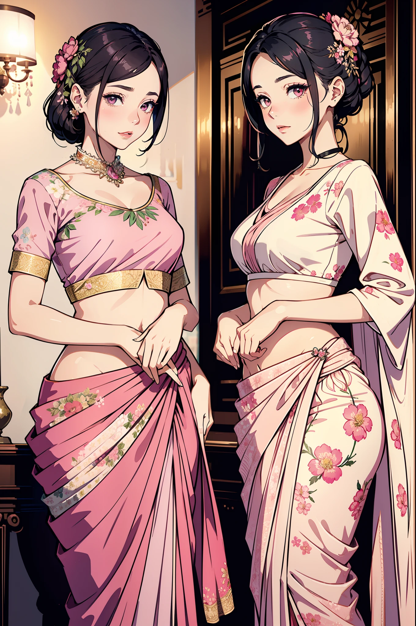 Portrait of two stunning women in a pink floral organza saree, radiating elegance and sophistication. Her graceful presence showcases the timeless beauty of floral prints.