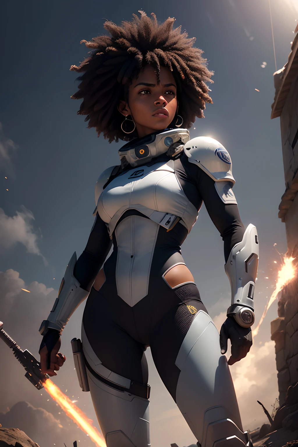 SOLDADO GUERRERA femenina AFRO DELGADA piel NEGRA 45, 30 yrs old, (((CUERPO DE MUJER AFRO DELGADA PIEL NEGRA))). (((CUERPO DE mujer delgada morena DELGADA AFRO NEGRA))), mujer (((piel NEGRA))) de cuerpo entero guerrero 45, 30 yrs old, Cara perfecta, Arma de lanza Varono, escudo redondo en brazo, Casco de metal estilo Ultra Seven, anatomy correct, musculosos. Referencia masculina varonil real, Cinematic Setting, Spatial lighting, fondo blanco, mejor calidad, HDR, Art Station, Wear a high-tech spacesuit, Camuflaje espacial digital, malla texturizada, textura hdr, , Poses dinánmicas, lasers, Destello espacial, traje de malla de fibra gruesa de fibra de carbono disimula sexo de entre piernas, Attack and combat position, mirada intimidatoria, Dynamic attack and fighting position Boxing and knives, mirada intimidatoria aguda, high concentration, Guerreo peligroso actitud de batalla. Patadas, piernas abiertas, patadas con botas negras, fuerza, destreza, bravery SPACE SOLDIER (((Soldado espacial))), Ropa Camuflaje espacial digital, (((Soldado espacial))), casco militar del futuro, ((( traje naranja, azul y blanco sin cuello para casco))), ((( Camuflaje espacial digital sin cuello para casco))) (((cabello rubio rapado))),(((cabello rubio rapado))) ,(((cabello rubio rapado))) (((Ropa militar Espacial camuflada)))peleando, peleando actitud, black-skinned woman 30 years or older, EL LIDER, 45-30 years, Cicatrices, veteranos de guerra, curtidos, Cuerpo completo desde el pie hasta la cabeza, perspectiva cenital, banderas uruguayas. AFRO DELGADA mujer