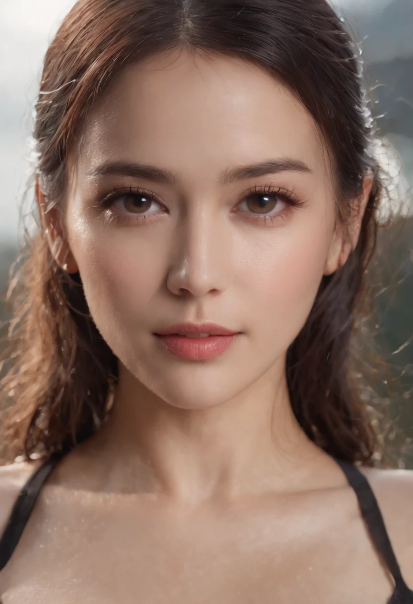 (Best Quality, 4K, masutepiece :1.3), Pretty Woman, 1girl in, (breasts, Attractive body :1.2), Abs :1.1, dark brown hair: 1.1, (rainy wet, Wet from rain, Wet body :1.2), Ultra-detailed face, Detailed lips, Detailed eyes, 二重まぶた