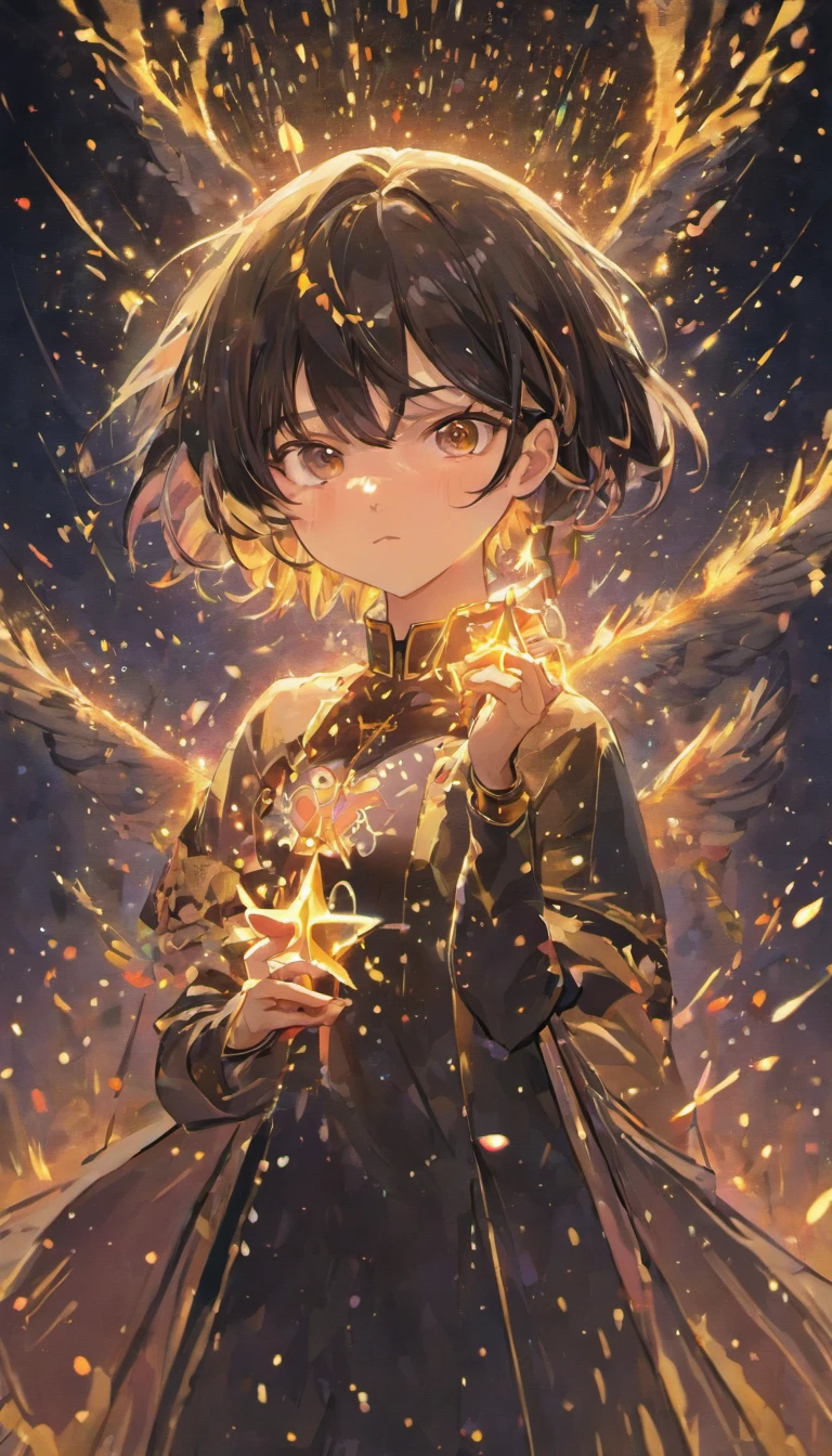 A painting that represents the essence of magic in your world, Black hair is exposed, Sparkling golden-eyed protagonist,There is a mysterious black mark on the neck,Immerse yourself in a series of magical fire energy, Glowing particles dance around him,Mysterious symbols form in the air