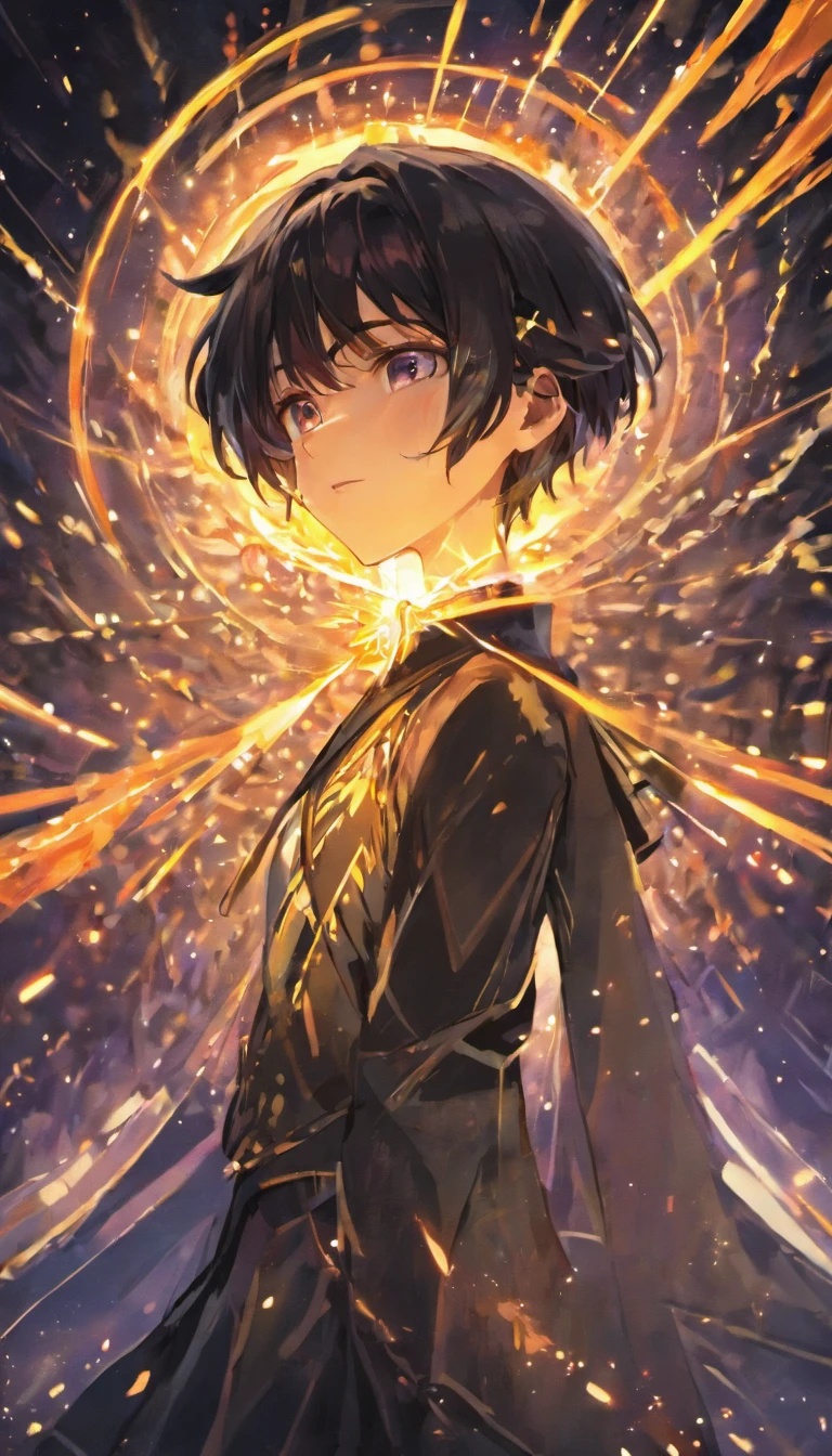 A painting that represents the essence of magic in your world, Black hair is exposed, Sparkling golden-eyed protagonist，There is a mysterious black mark on the neck，Immerse yourself in a series of magical fire energy, Glowing particles dance around him，Mysterious symbols form in the air