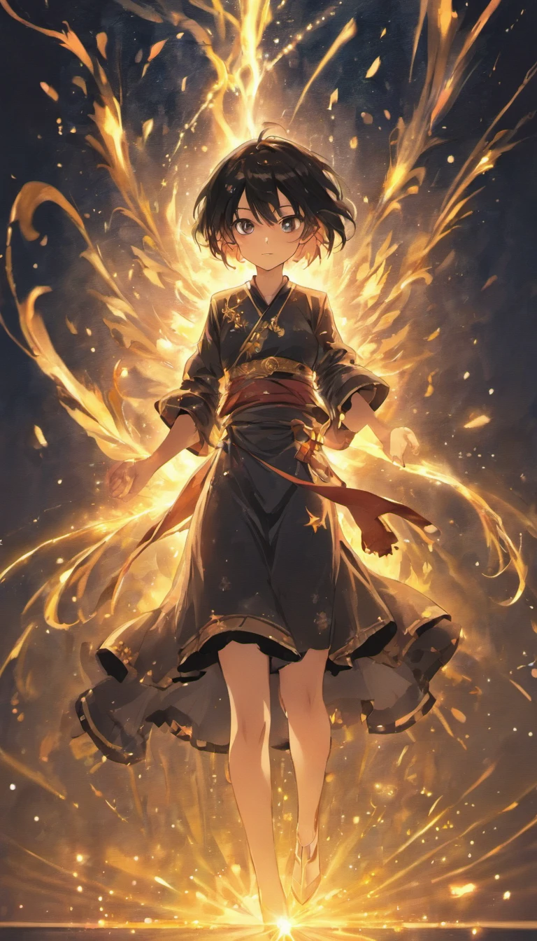 A painting that represents the essence of magic in your world, Black hair is exposed, Sparkling golden-eyed protagonist,There is a mysterious black mark on the neck,Immerse yourself in a series of magical fire energy, Glowing particles dance around him,Mysterious symbols form in the air