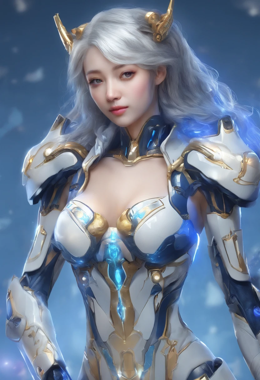Elania Haywind,Highest image quality,Outstanding details,超高分辨率,(Fidelity:1.4), Favor the details,closeup cleavage,The background is a scene of a cosmic celestial body,High-tech dragon knight mech,He has a delicate and beautiful face,((Blue-white flying semi-mechanical fuselage:1.8)),high-tech weapon,Raised sexy,frontage,cyber punk perssonage,Futuristic,mechanically aesthetic,Virtual Engine 5,Perfect detail rendering,rendering by octane,hyper HD