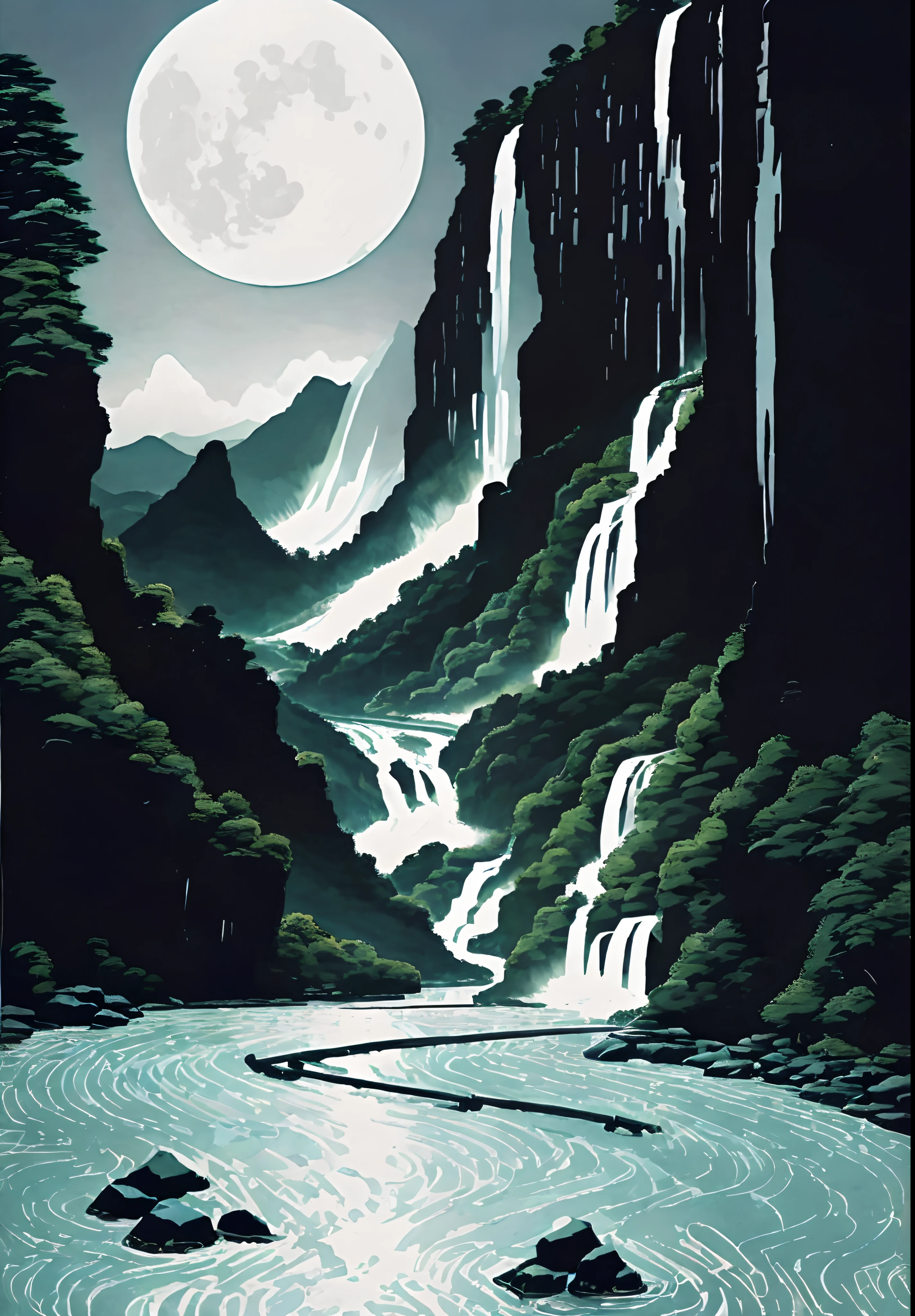 Enjoy the mountain view with river, village, waterfall and moon, a beautiful artwork illustration, highly detailed digital artwork, 4k highly detailed digital artwork, highly detailed digital paintings, intricate digital paintings, beautiful digital artwork, landscape art details, Onmyoji detailed artwork, 4k highly detailed artwork, highly detailed digital artwork, floating mountains, 4k detailed artwork, very detailed digital paintings