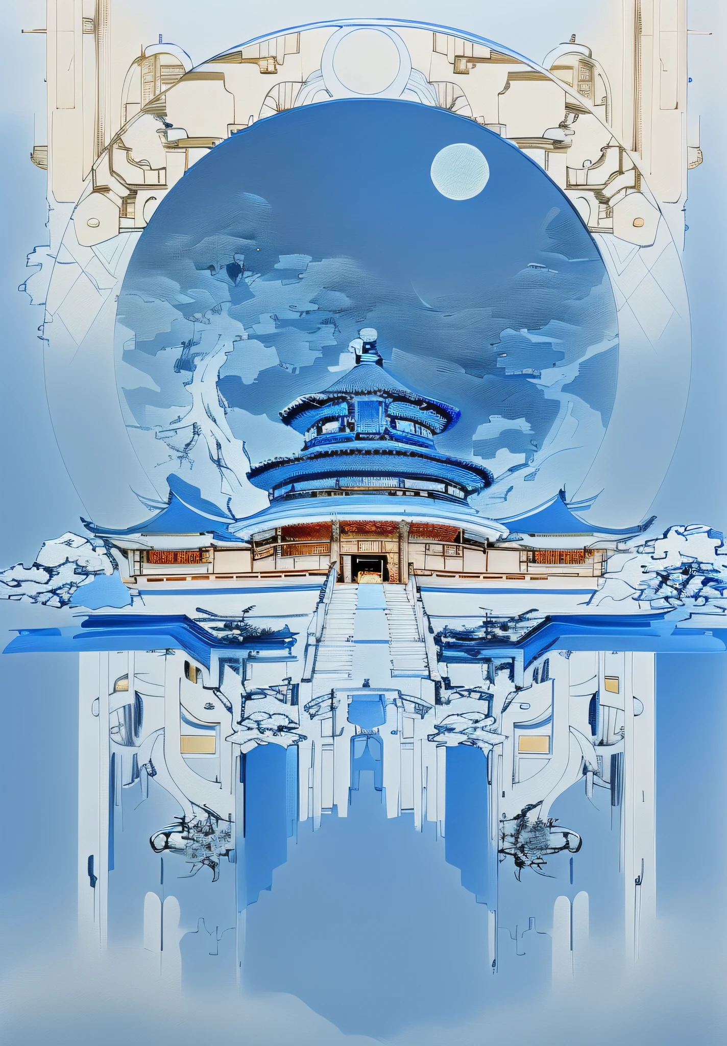 Ultra high quality,blue colors,Blue and white porcelain,white colors,temple of heaven,lichen,Super rich detail,Big tree behind it,Super rich detail,The middle is colored,Stairs colored,Color the circles,Leave the bottom blank,