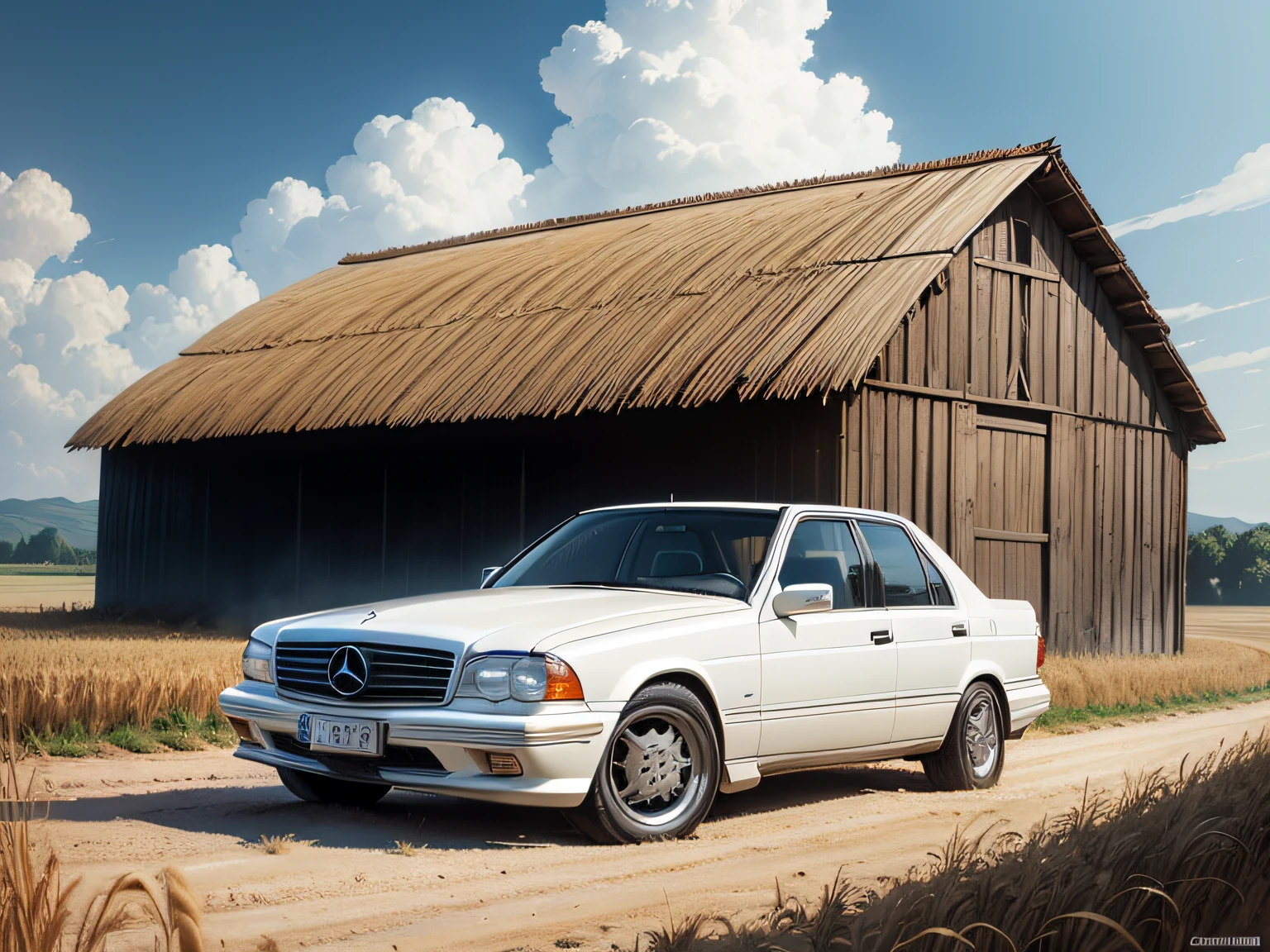 old white 1995 Mercedes Benz C230, dirt road, wheat field, old barn, sunny, clouds
