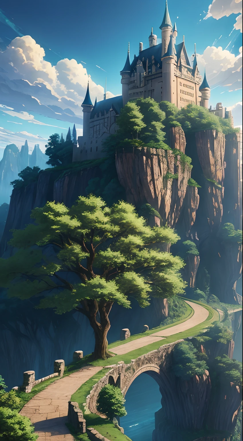 anime scene of a tree with a castle in the background, concept art by Kamagurka, pixiv contest winner, fantasy art, anime background art, anime concept hdr anime macmanus, 4k highly detailed digital art, background artwork, anime epic artwork, anime scenery concept art, 4k detailed digital art, made of tree and fantasy valley, (add_detail:1)